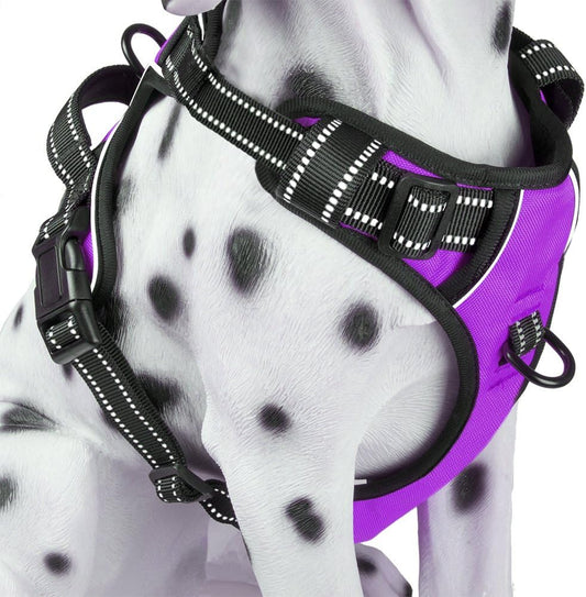 PoyPet No Pull Dog Harness, Reflective Comfortable Vest Harness with Front & Back 2 Leash Attachments and Easy Control Handle Adjustable Soft Padded Pet Vest for Small to Large Dogs (Purple,XL)