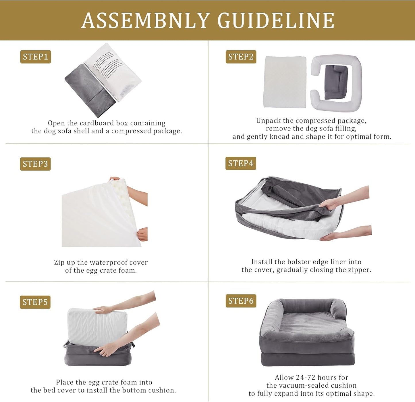 Bedfolks Orthopedic Dog Bed, Big Waterproof Dog Sofa Bed for Large Dogs, Egg Foam Pet Couch Bed with Removable Washable Cover and Nonslip Bottom, Light Grey