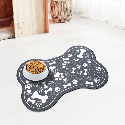 Dog & Cat Food Mat Bone Shaped Pet Feeding Mat Quick Absorb Water Bowl Placemat with Rubber Backing Indoor Floor Stain Resistant Pet Accessory Supplies (Dark Gray Small, 12x18 Inches)