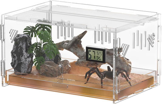Reptile Terrariums with Temperature Hygrometer, 11.8"x7.9"x5.9" Acrylic Breeding Box Terrarium Cage Tank for Small Reptile Insect Home Office (Terrestrial)