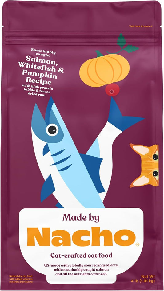 Made by Nacho Dry Cat Kibble 4lb Bag, High Protein Premium Cat Food with Freeze Dried Pieces, Sustainably-Caught Salmon, Whitefish & Pumpkin, Limited Ingredients, Single Bag