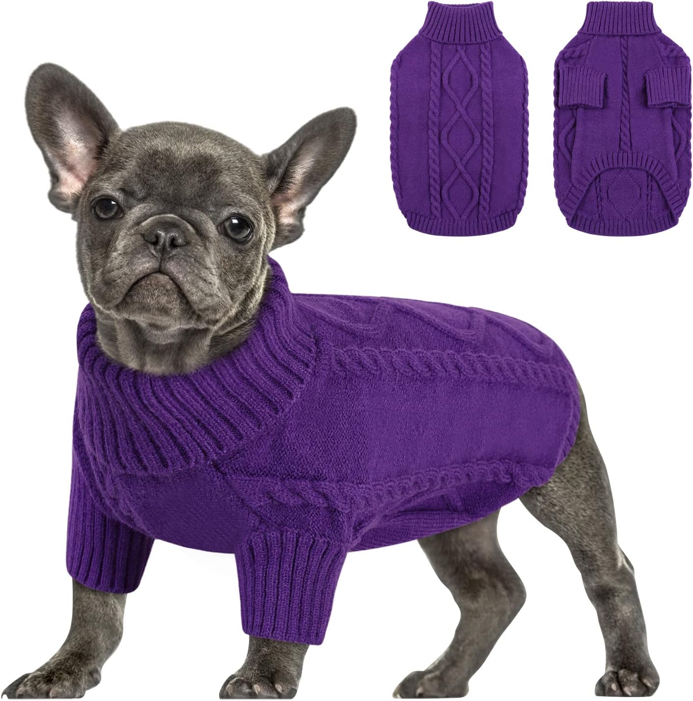 Queenmore Small Dog Pullover Sweater, Cold Weather Cable Knitwear, Classic Turtleneck Thick Warm Clothes for Chihuahua, Bulldog, Dachshund, Pug (Purple, Small)