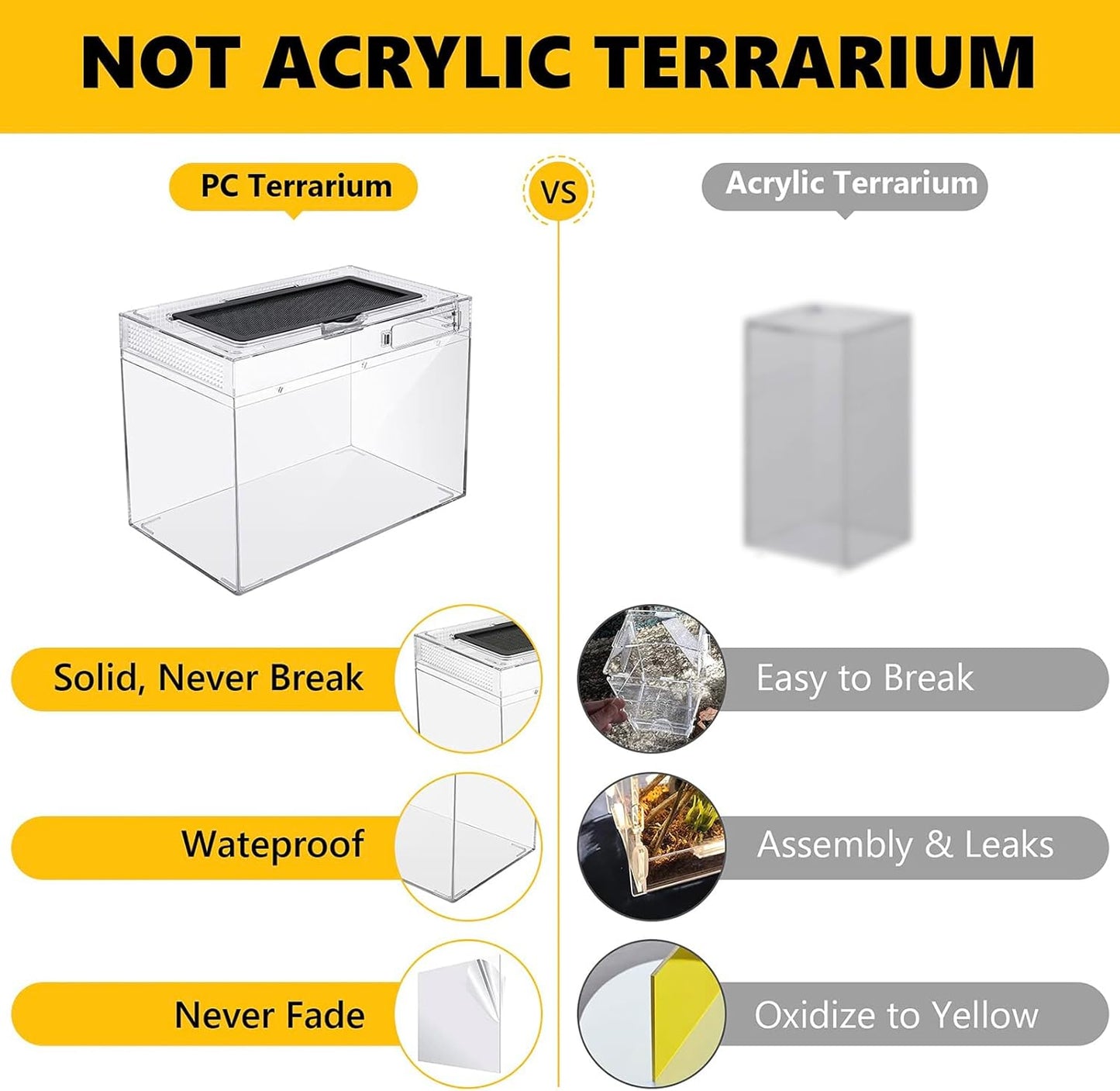 Reptile PC Terrarium,Anti Breakage 15x8x10inch Amphibians Insect Tank Gecko Starter Kits,Top Sliding Door Screen Ventilation Mini Isopod Habitat Cages,Hygrometer Thermometer,Hide Cave,Tweezer,Sprayer