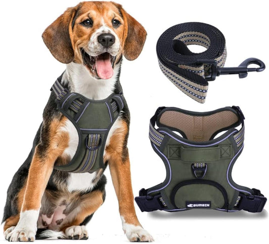 No Pull Dog Harness for Large Dogs, Adjustable No Choke Pet Vest with Dog Leash Fit Smart Reflective Pet Walking Harness for Training Easy Control Soft Handle Green L