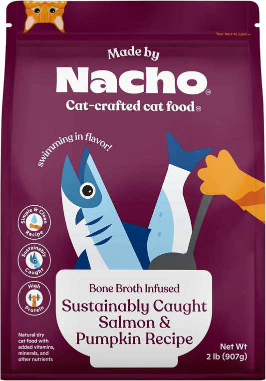 Made by Nacho Dry Cat Kibble 2lb Bag, High Protein and Grain-Friendly Premium Cat Food, Sustainably Caught Salmon and Pumpkin, Infused with Bone Broth for Hydration, Limited Ingredients, Single Bag
