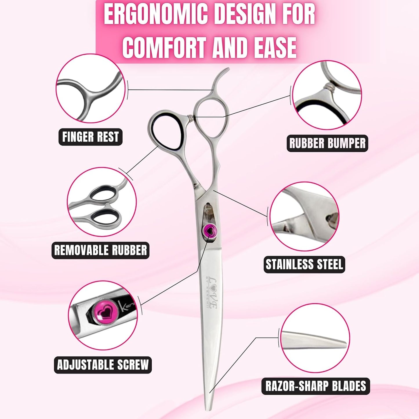 Kenchii Love Left Handed Dog Grooming Scissors, 8 Inch Curved Shears, Dog Scissors for Grooming, Professional Pet Grooming Scissors, Ergonomic & Comfortable