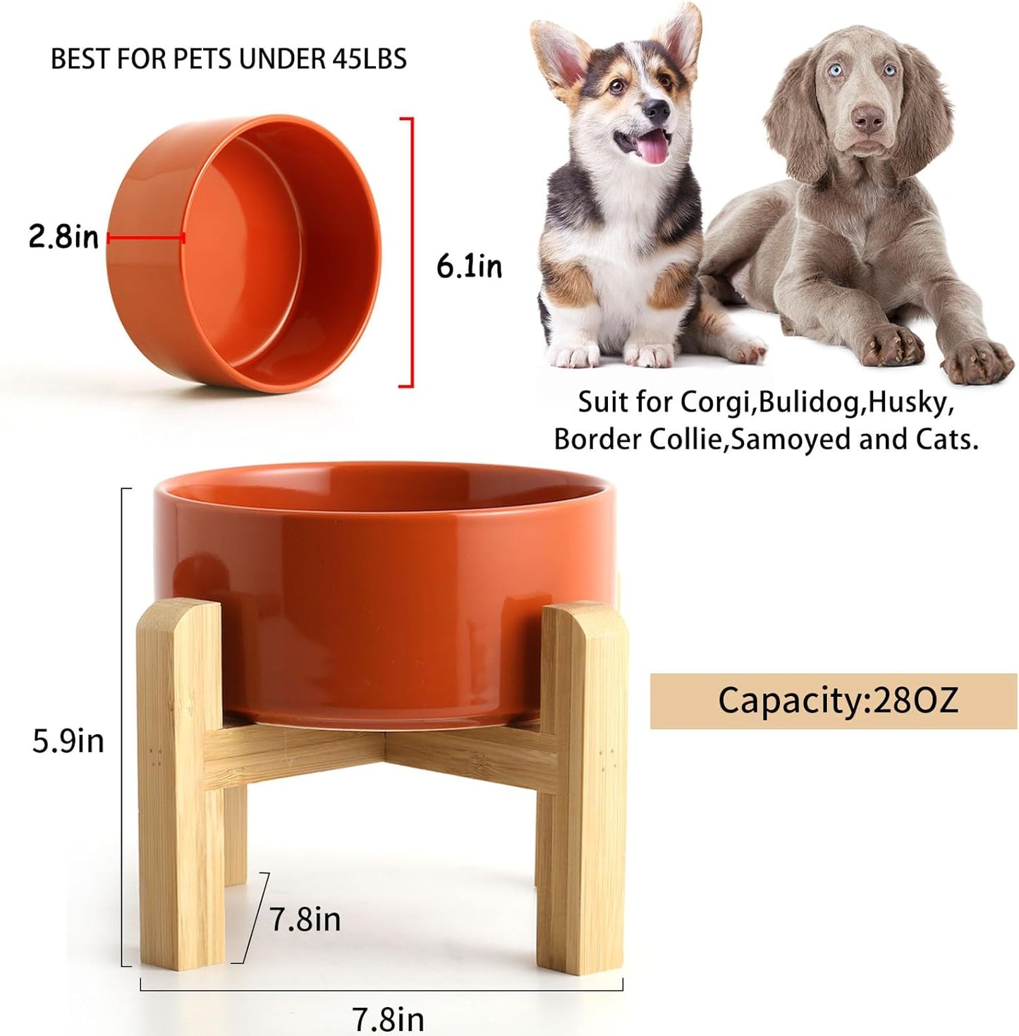Petygooing 28 OZ Rust Red Elevated/Raised Ceramic Dog Bowl for Small and Medium Breeds, Dog Food Water Dish with Stand,Pet Feeding Bowl with Anti Slip Rubber for Cats Small and Medium Dogs (3.6 Cups)