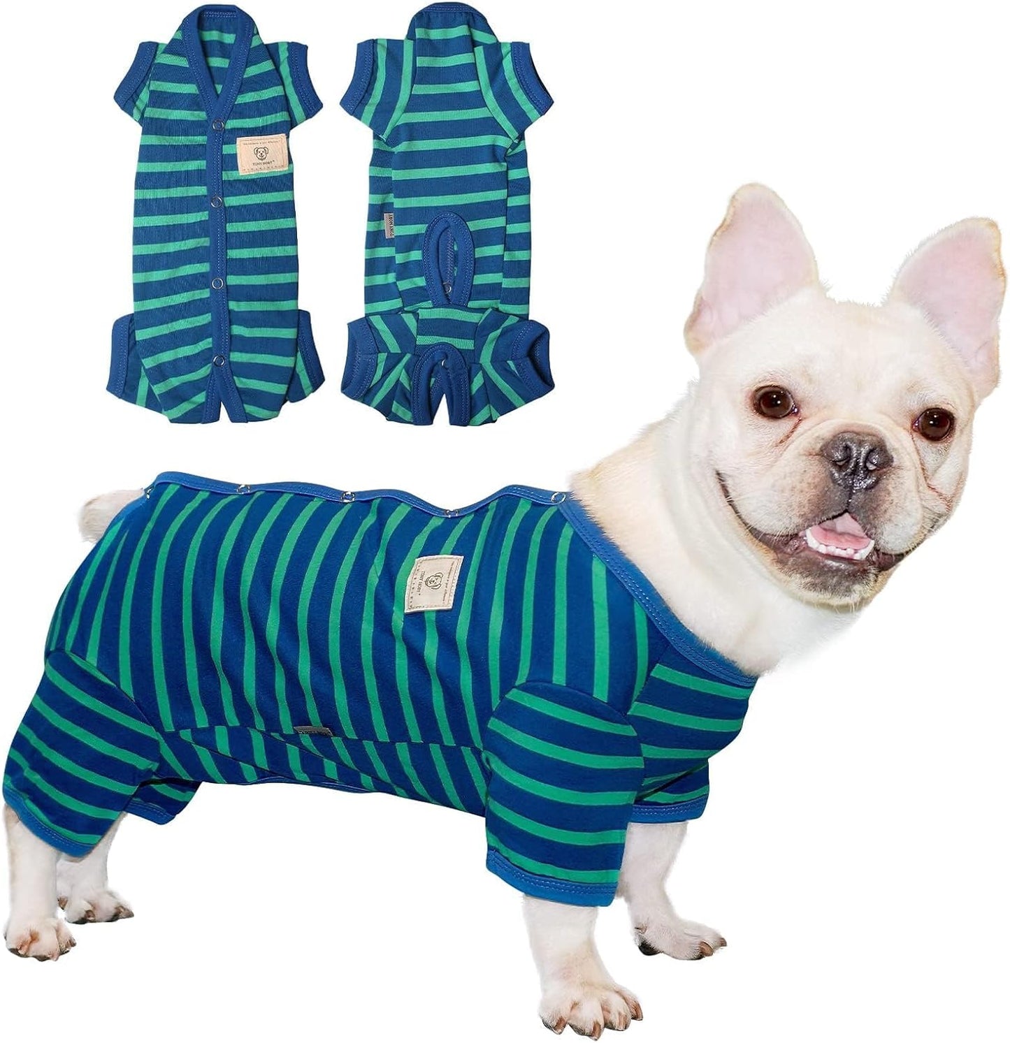 TONY HOBY Dog Pajamas for Female/Male, Dog Jumpsuit with Stripes for Small Medium Dogs, Soft and Comfortable 4 Legged Pajamas Dogs Clothes (Blue&Green, Boy, XS)