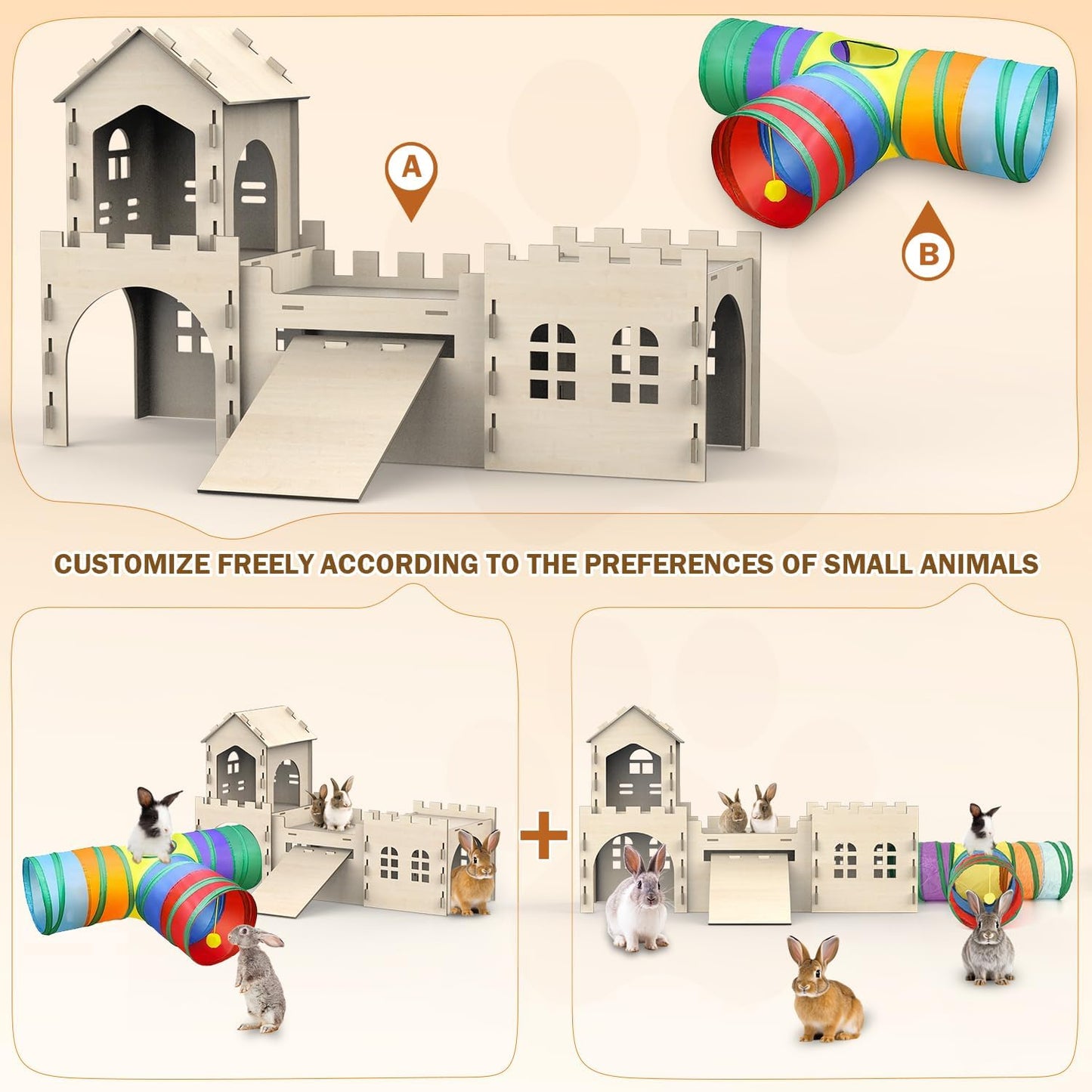 Large Bunny House and Hideouts, Wooden Dual-Layer Rabbit Castle with Stair, Rubber Band-Free Setup - Chew-Proof, Sturdy Habitat for Guinea Pig Chinchilla Ferret (Rabbit House with Tunnels & Tubes)