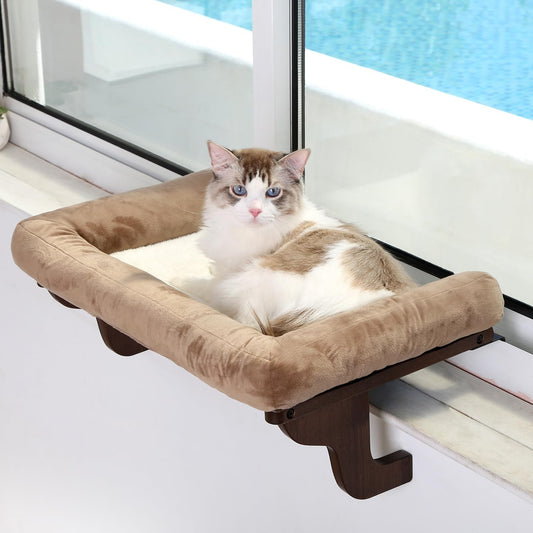 Cat Perch for Window Sill with Bolster - Orthopedic Hammock Design with Premium Hardwood & Robust Metal Frame - Cat Window Seat for Large Cats and Kittens - Dark Stained Wood with Brown Bed