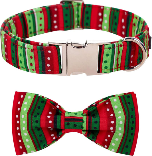 Lionet Paws Christmas Dog Collar with Bowtie, Dog Bowtie Collar with Metal Buckle for Dogs, Adjustable Comfortable Dog Collar Girl Boy Gift, M, Neck 13.5-22 in