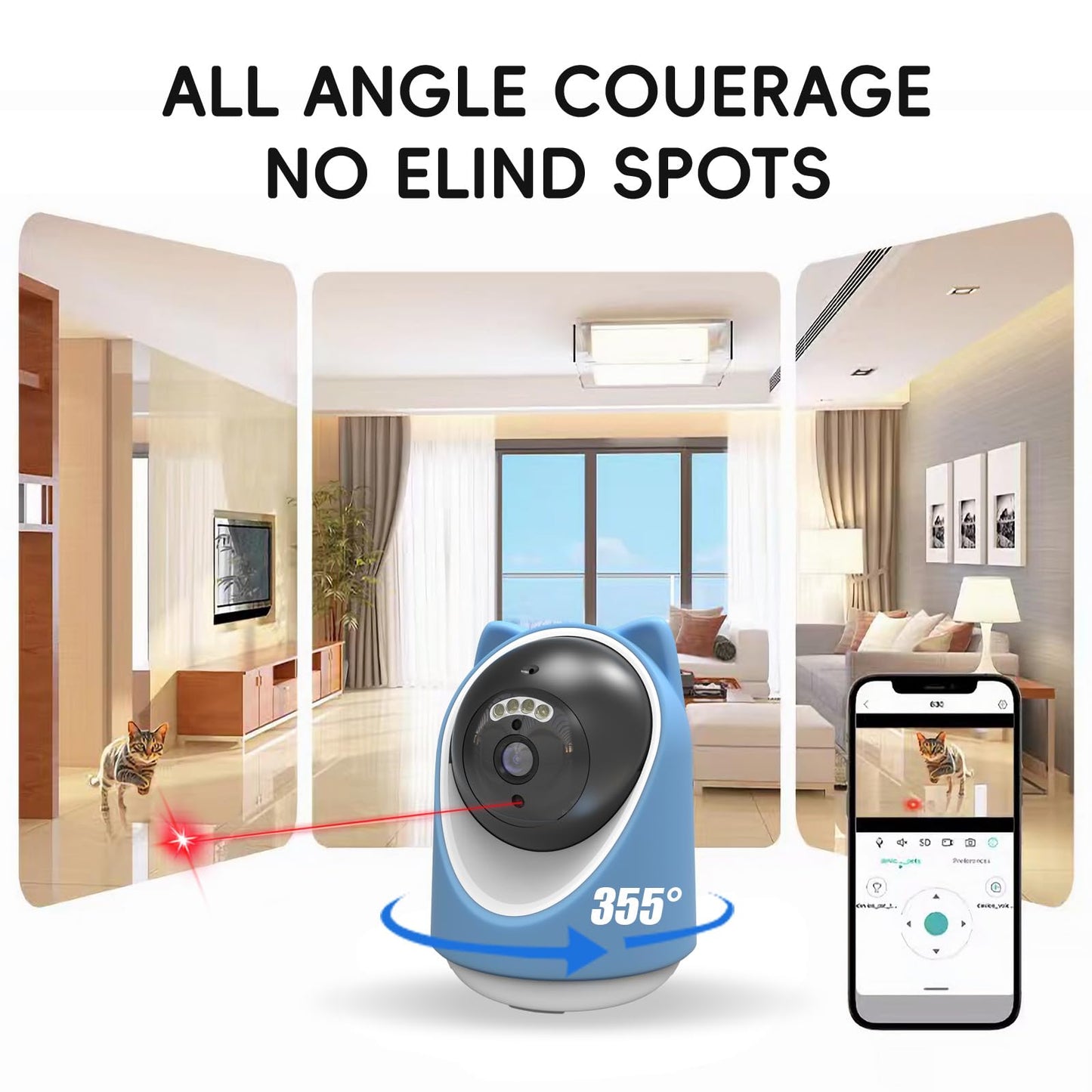 Miykuhok Pet Camera, 2K HD Indoor Dog and Cat Camera with Auto-Tracking & Laser Toy, Home Security Camera with Motion Detection, 2-Way Audio, Night Vision（64GB SD Card）