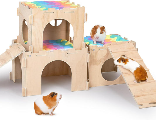 Guinea Pig Hideout, Guinea Pigs House with Stairs and Mats Extra Large Guinea Piggy Castle Detachable Hideouts for Small Animals Wooden Guinea Pig Habitats with Multiple Doors and Windows