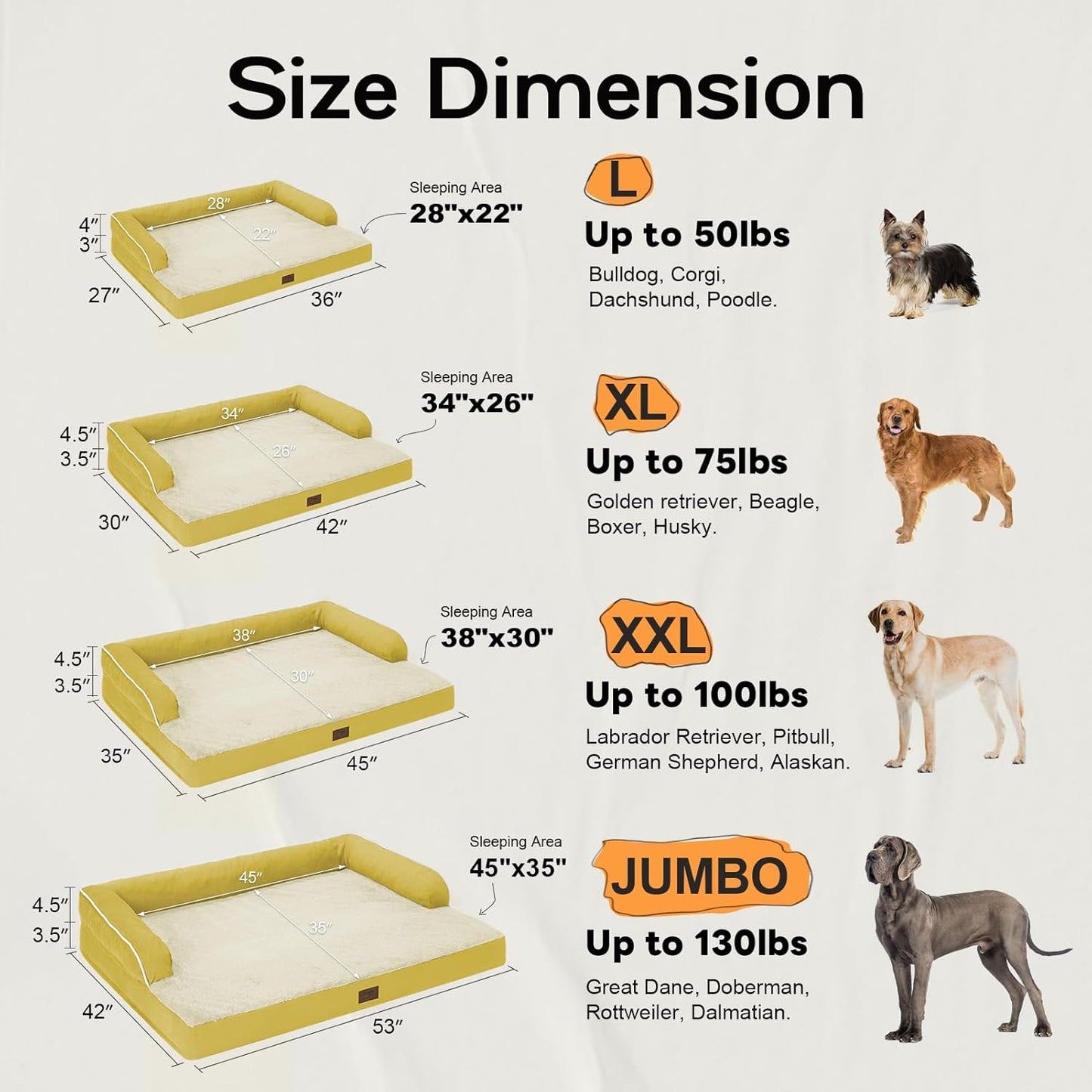 Large Dog Bed Orthopedic Washable | Beds Bolster Pet - XXL Large Big Dogs - Memory Foam - Couch Sofa - Waterproof with Removable Cover - Ginger Yellow Dog Bed