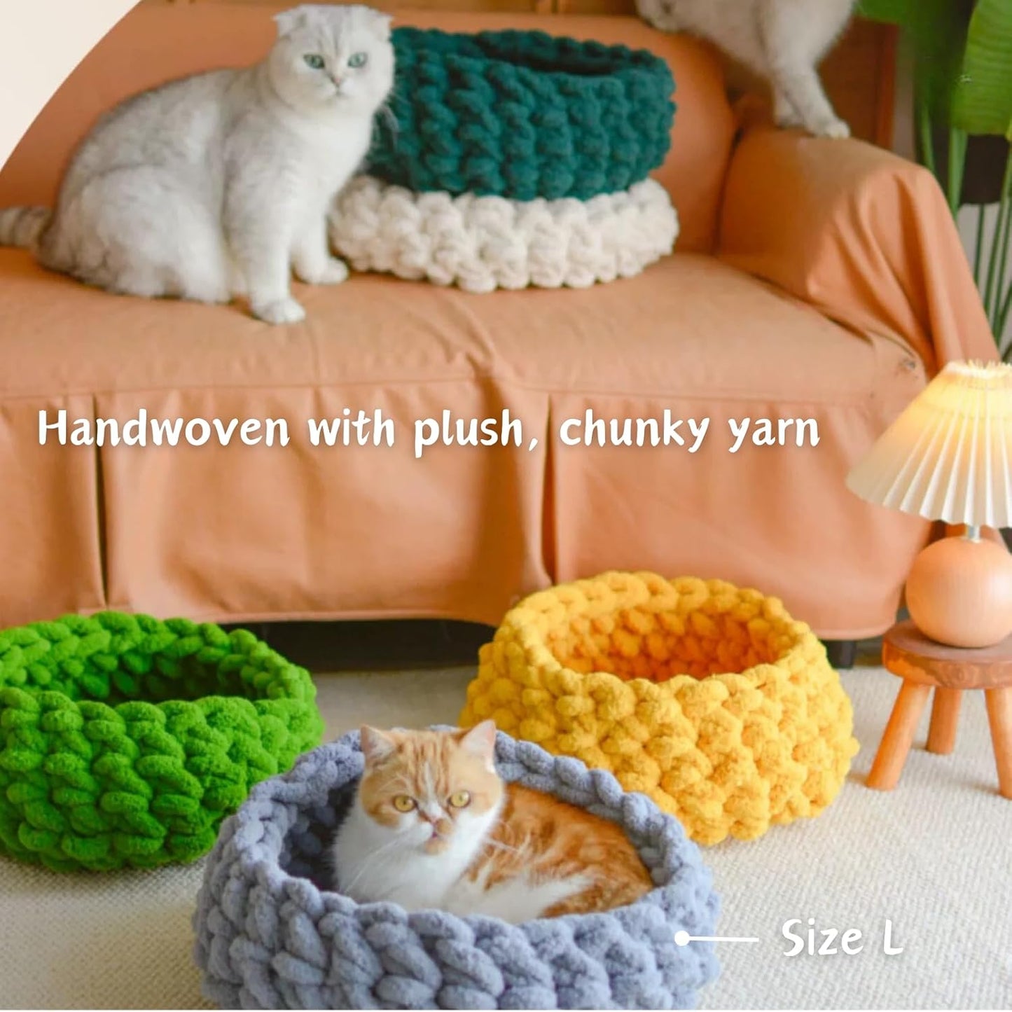 Cat Nest Bed – Premium Handwoven Washable Extra Soft Round Cave House Furniture for Indoor Kitten (Persimmon Yellow,Large)