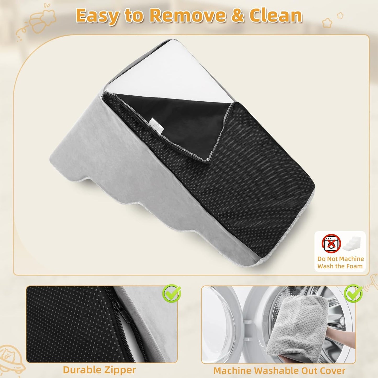 MIHIKK Dog Stairs Ramp, Curved 3-Step Dog Steps for Small Dogs and Cats, Pet Stairs for High Beds and Couch with Anti-Slip Washable Cover and Durable High Density Foam, Grey