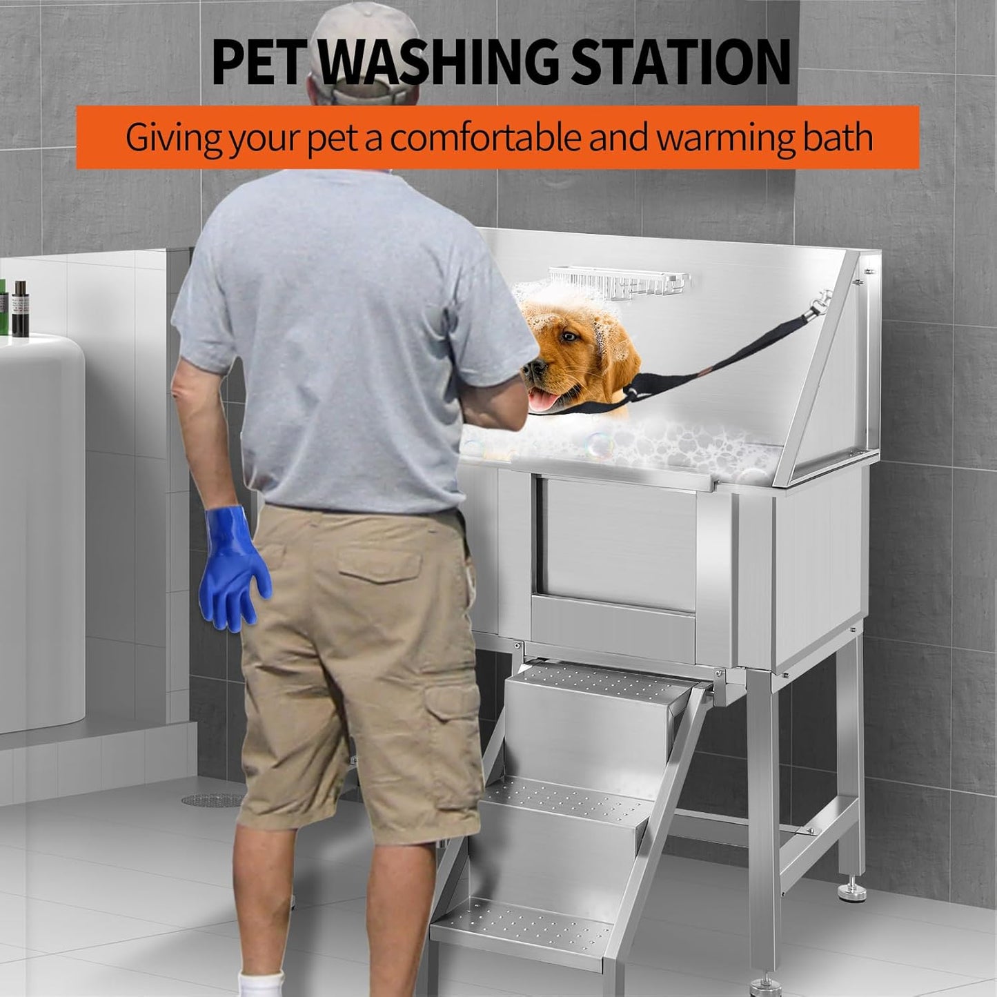 Dog Washing Station 38'' Stainless Steel Pet Grooming Tub for Large Dogs Over-Size Professional Dog Grooming Bathtub Station Wash Shower Sink Pet Grooming Bathtub Station,Right Door