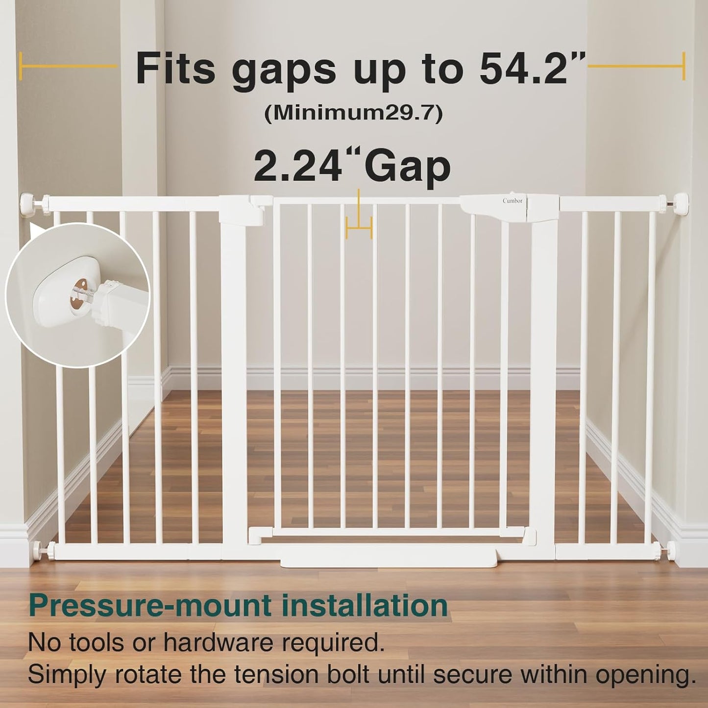 Cumbor 29.7-54.2" Wide Baby Gate for Stairs, Mom's Choice Awards Winner-Self Closing Dog Gate Indoor for Doorways, No Drilling Pressure Mounted Pet Gates for Kids, Easy Walk Through Safety Gate, White