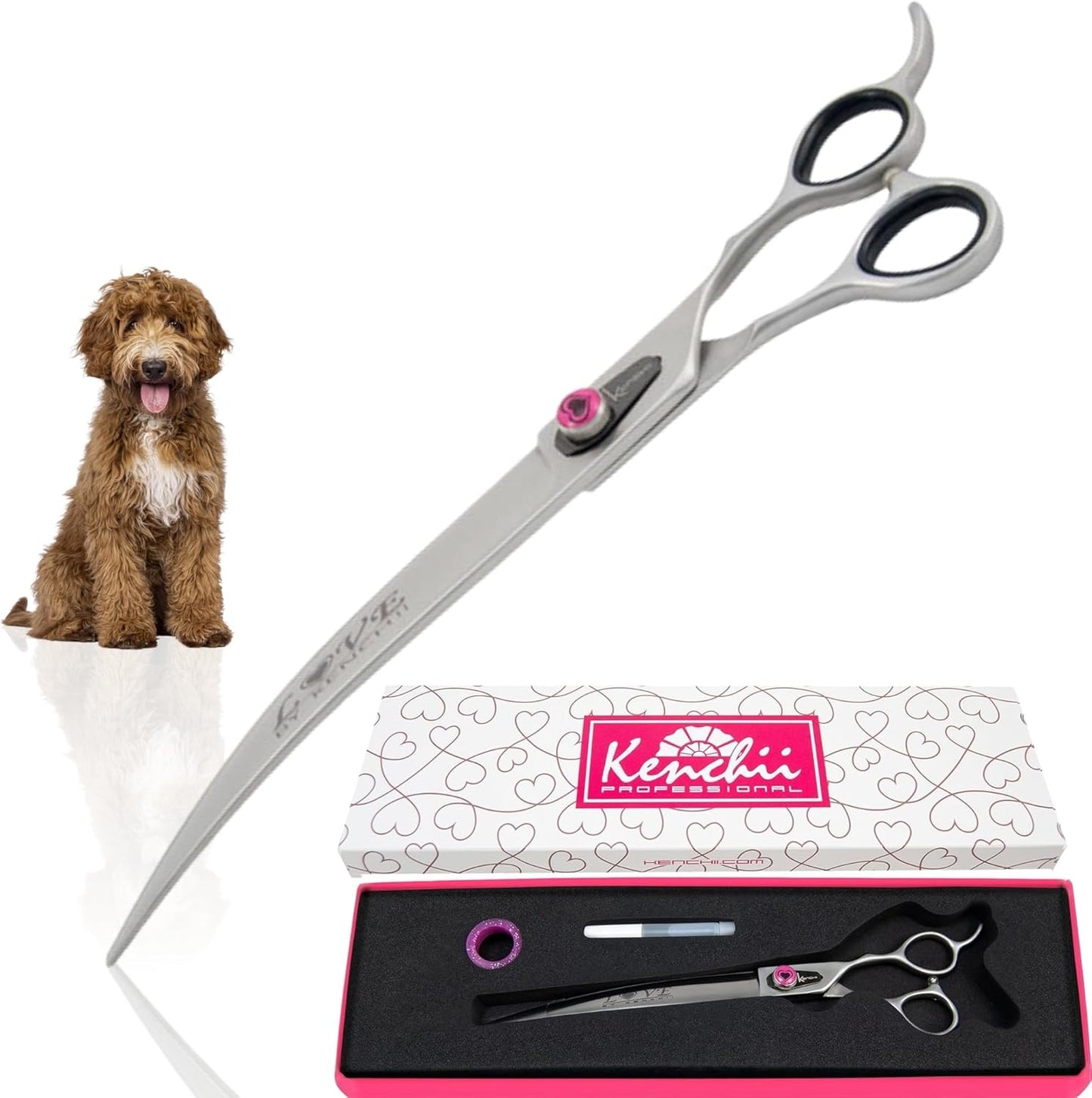 Kenchii Love Left Handed Dog Grooming Scissors, 9 Inch Curved Shears, Dog Scissors for Grooming, Professional Pet Grooming Scissors, Ergonomic & Comfortable