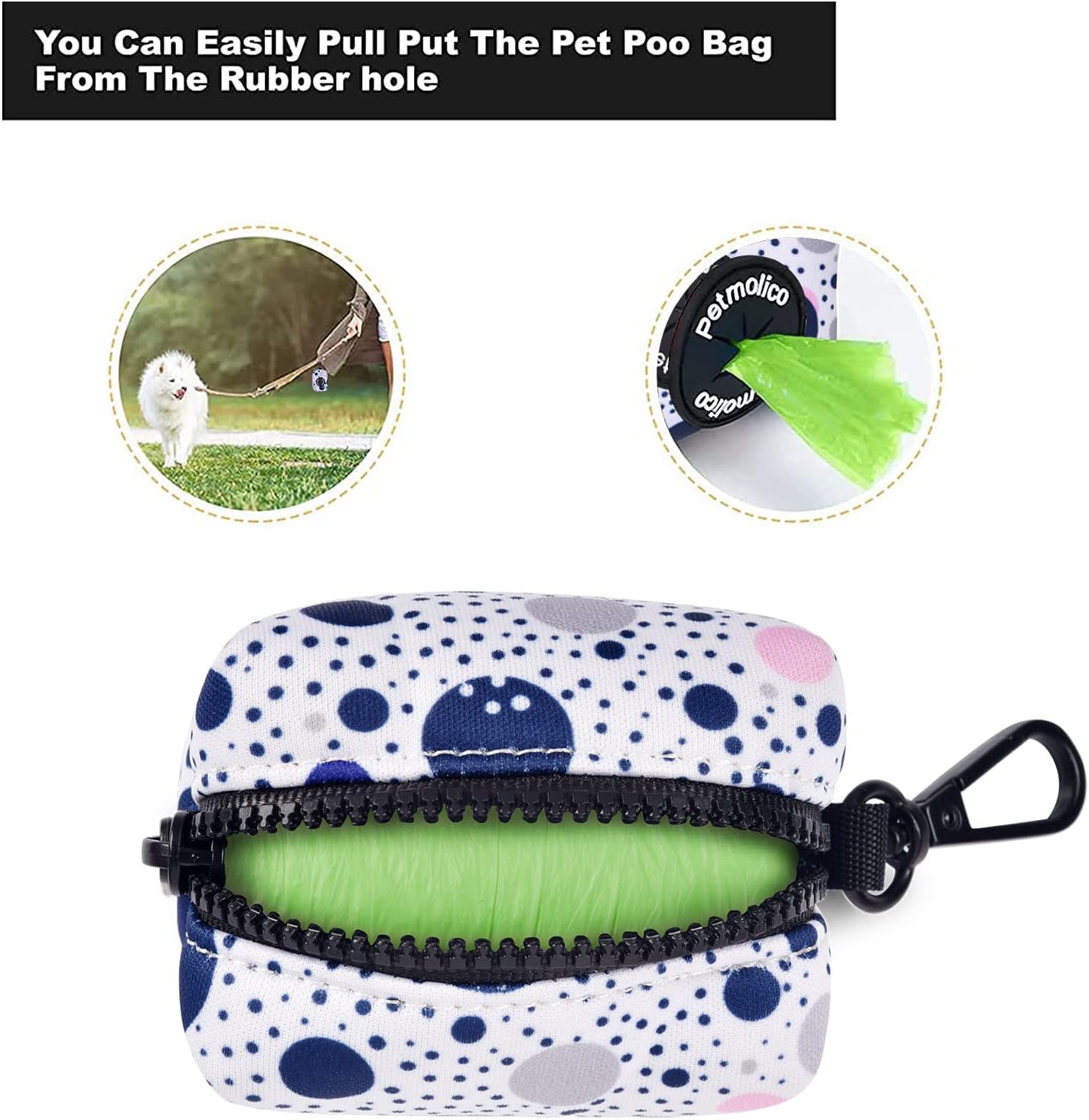 Petmolico Dog Poop Bag Holder Leash Attachment, Dog Waste Bag Dispenser Zippered Pouch, Fits Any Dog Leash, Includes Free Roll of Dog Bags, Poop Bag Dispenser - 2 Pack, Blue Dots