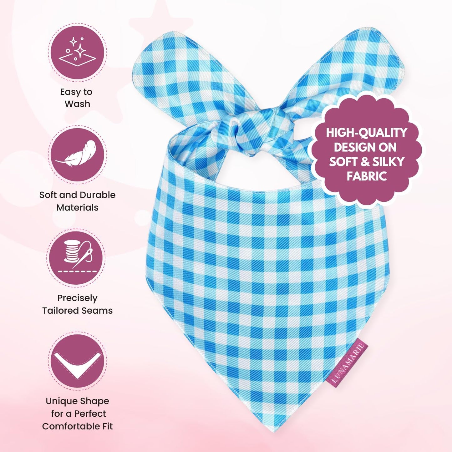 LunaMarie - Luxury Pet Birthday Bandanas -Premium & Silky Poly Fabric | 100% Handmade | Custom Shape Dual Layered (Blue Checkers, Medium)