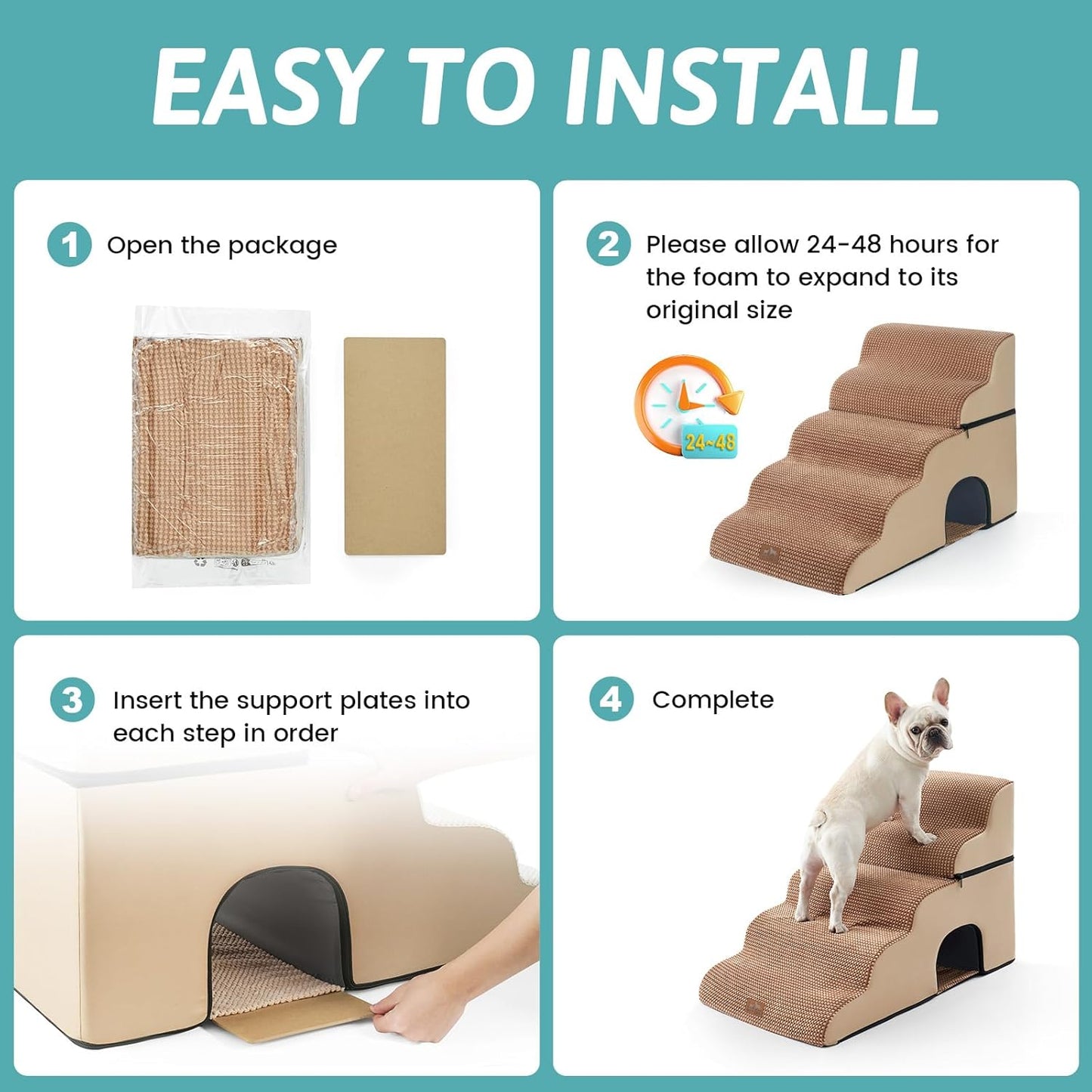 Extra Wide Dog Stairs with Tunnel, Detachable Large Pet Step for Small Medium Dog, Puppy or Cat, Ramp for High Bed, Couch, Sofa or Car, Stable, 19.7x33x22.4 inch, 5 Step, Light Brown