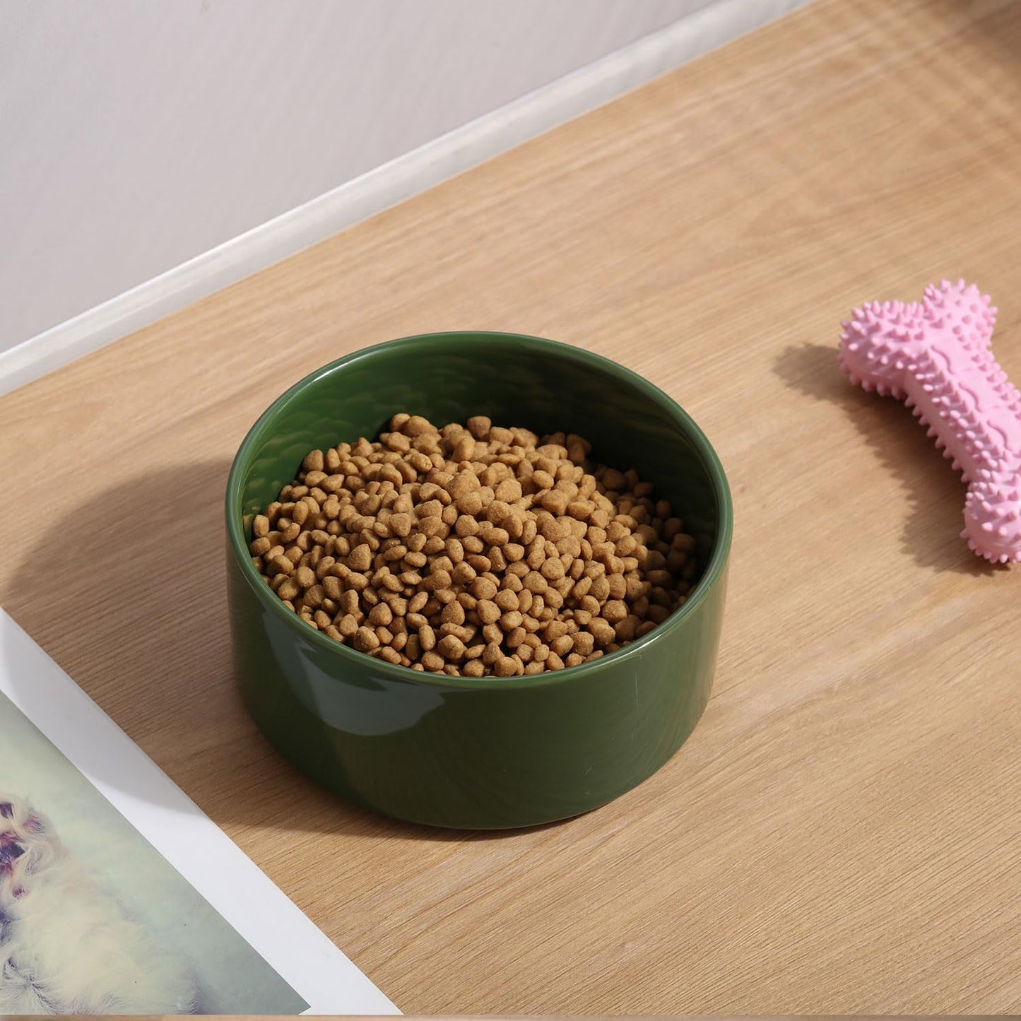 Petygooing Dog Bowls,Ceramic Cat Dog Bowl Set with Wood Stand for Food and Water,Non-Slip Cute Modern Pet Dish for Cats and Small Size Dogs (13.5OZ/5.1 in) Rust Green