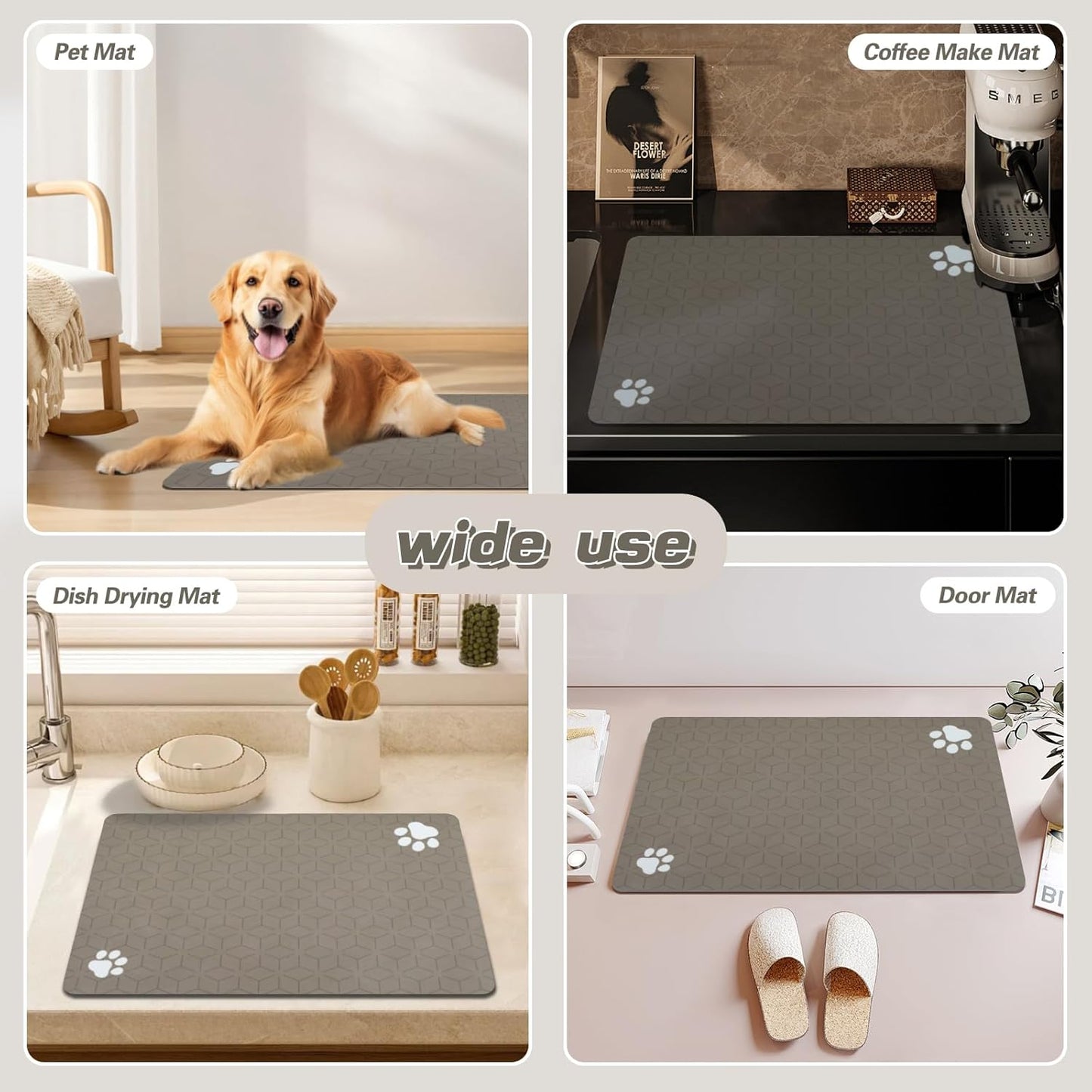 Le courant Pet Feeding Mat-Absorbent Pet Placemat for Feeding Bowl, with Waterproof Rubber Backing, Quick Dry Water Dispenser Mat for Dog and Cat,Brown.Dog Paw-15.7x23.6 in