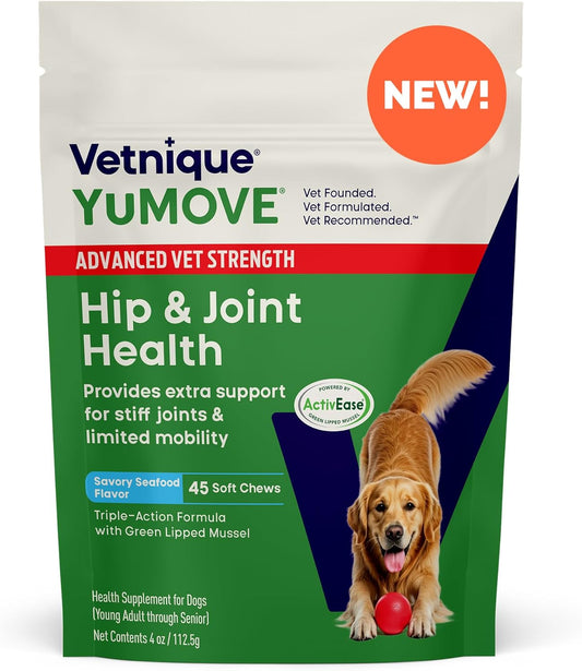 YuMOVE Hip & Joint Supplement for Dogs with Glucosamine, Hyaluronic Acid, Green Lipped Mussel & Omega 3 Joint Supplement - Regular or Advanced Strength (45ct, Advanced Vet Strength Soft Chews)