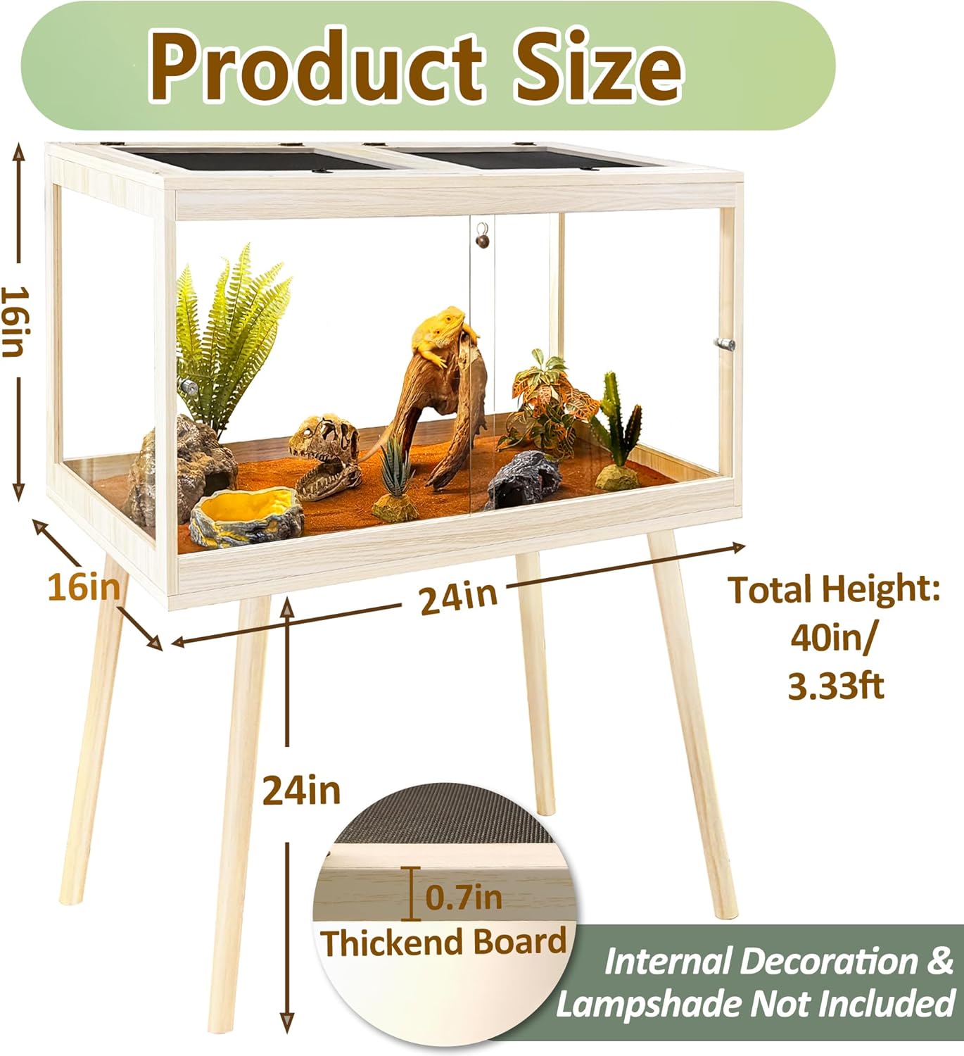 PROLEE Tempered Glass Reptile Enclosure with Leg,24“ Scratch-Proof Bearded Dragon Tank,28 Gallon Lizard Tank with Metal Mesh Tops and Lockable Door,Spacious Reptile Habitat for Snake,Lizard (Oak)
