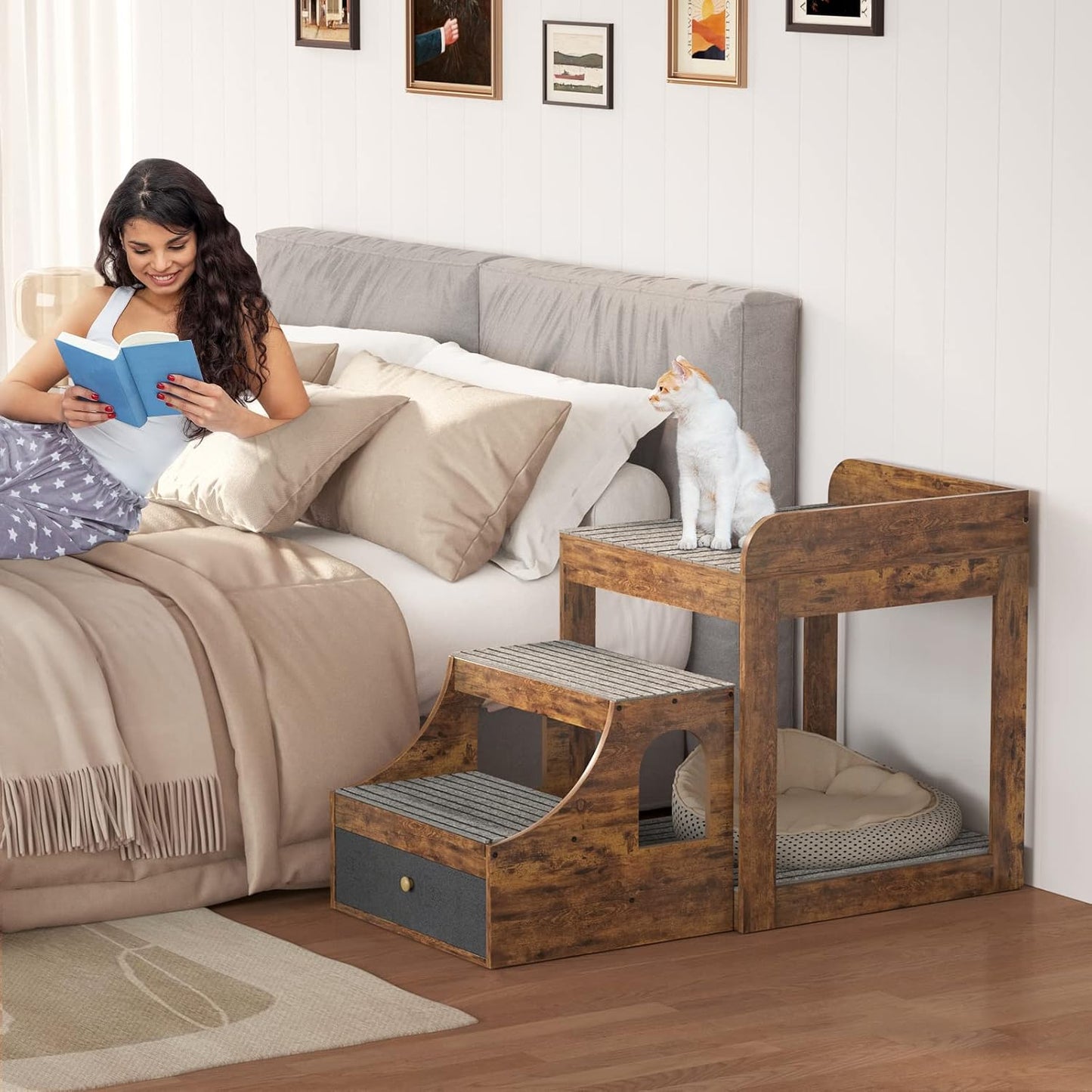 Pet Window Perch with Stairs, Super Large Pet Bunk Bed for Cats, Multi-Level Pet Seat Platform with Mats, Pet Bed Couch with Drawers for Bedside, Home, Indoor Use, Large Size, R