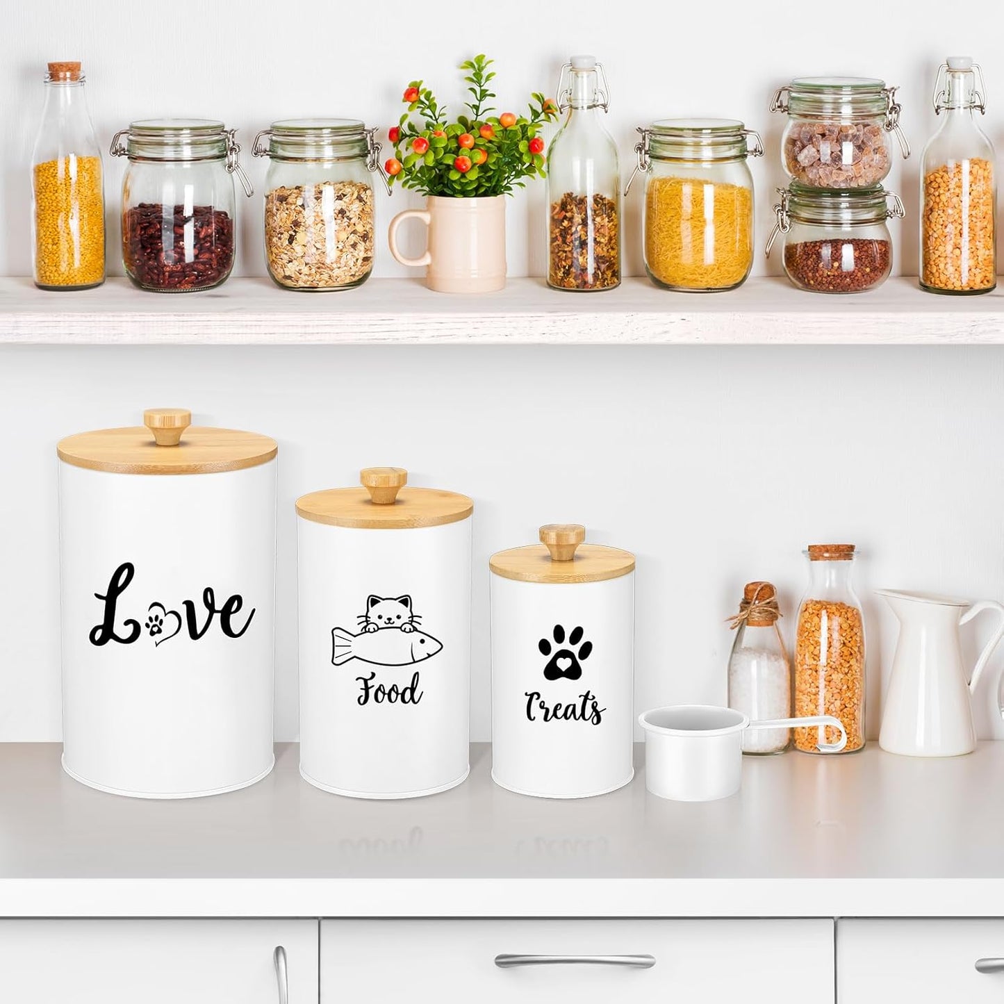 Metal Airtight Cat Treat Container Set of 3 with Bamboo Lids and Spoon Cat Food Storage Container with DIY Labels Pen Pet Cookie Snack Food Storage Organizer Jars for Kitchen Counter(White)