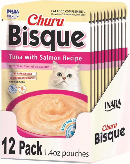 INABA Churu Bisque for Cats, Creamy Lickable Purée Side Dish with Vitamin E, 1.4 Ounces per Pouch, 12 Pouches, Tuna with Salmon Recipe