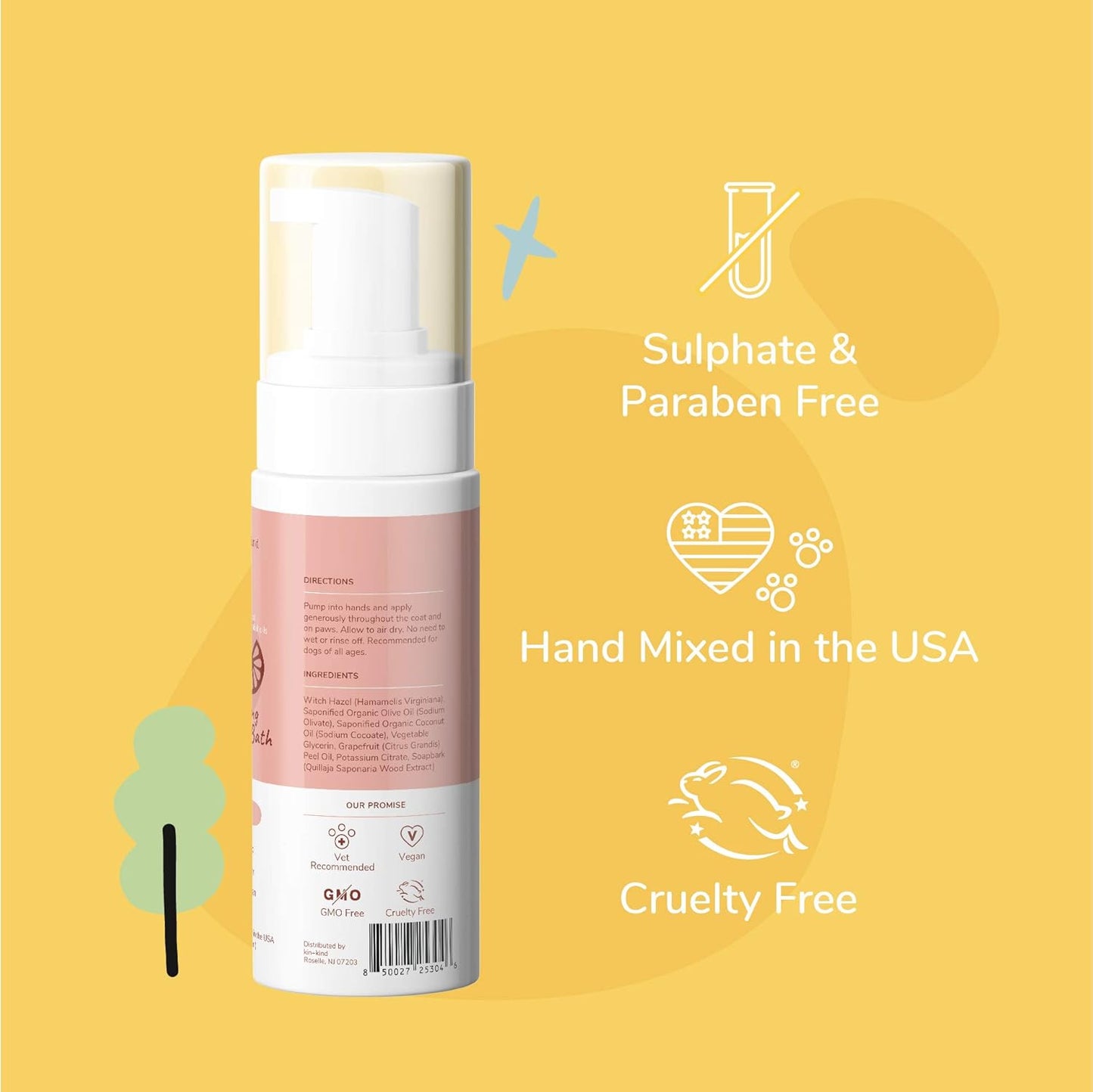 kin+kind Waterless Dry Shampoo for Dogs - Rinse-Free, Eliminate Itch and Odor, Natural Formula with Witch Hazel, Coconut Oil, Olive Oil and Grapefruit - Made in USA