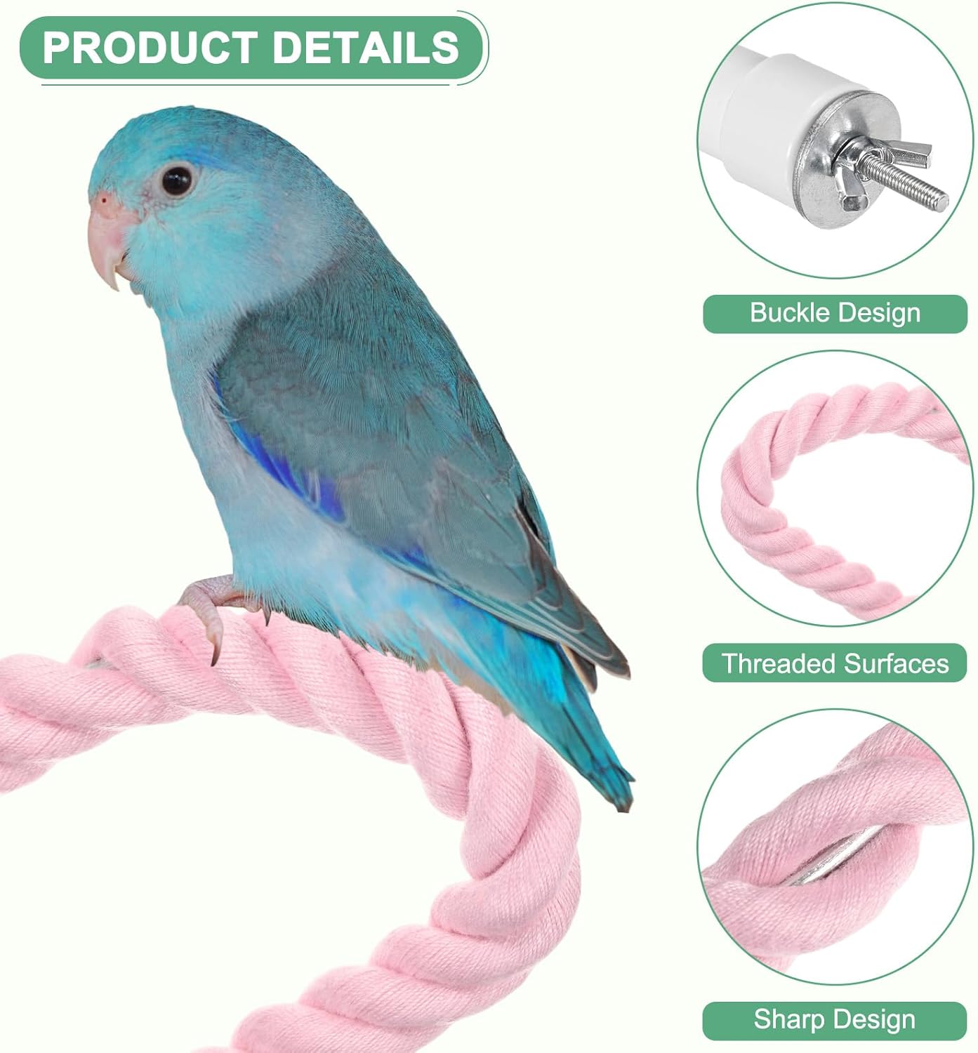 1-Pack Rope Perches for Bird Cages, 31.5 in Length Comfort Grip Flexible Rope Perch Beak & Paw Grinding for Parrots/Cockatiels/Parakeets, Bird Platform Sand [Pink]