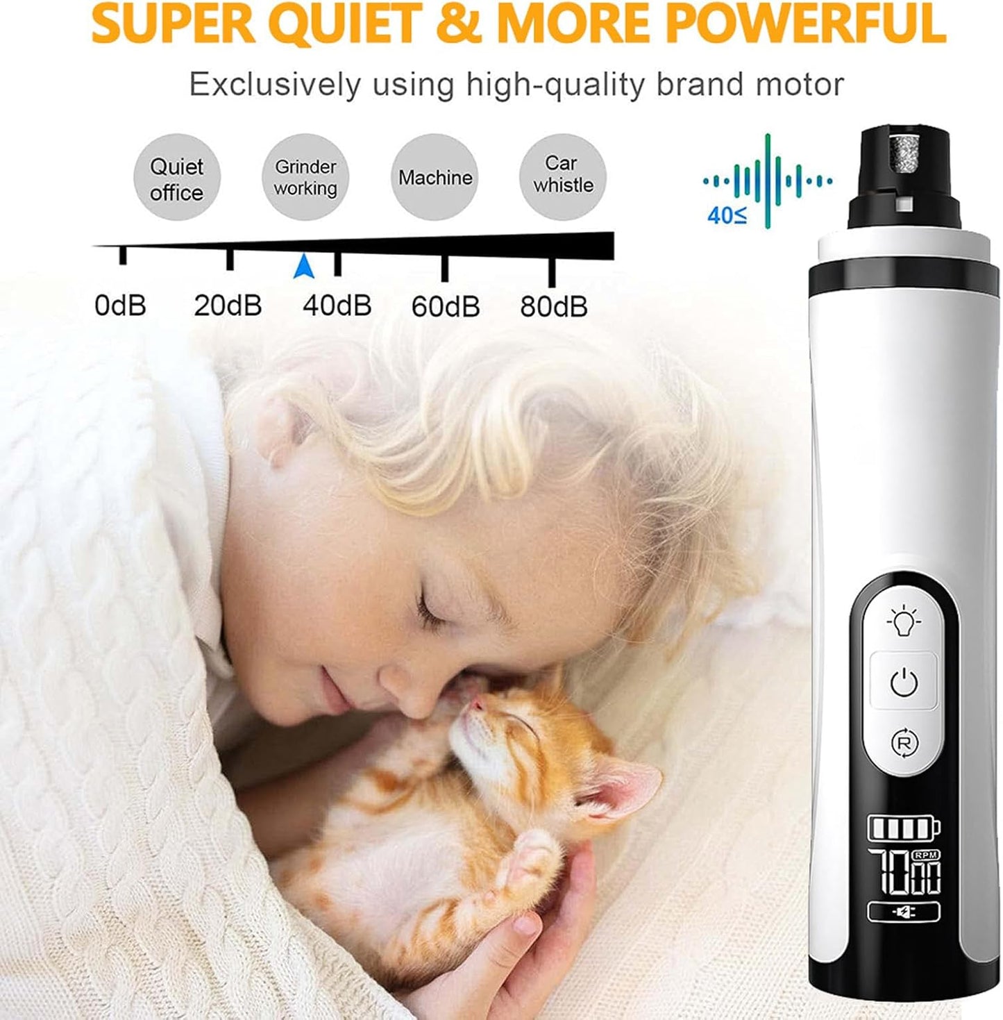 Heusom Silent Groom Pro Nail Grinder Cordless for Small Large Dogs - 3 Speeds Quiet Cat Dog Nail Trimmer with 2 LED Lights, 2000mAh Rechargeable for Thick Nails with Replacement Heads (1pc)