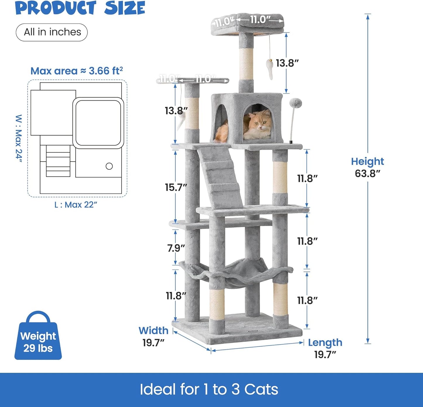 MWPO 63.8 inches Multi-Level Cat Tree for Large Cats with Sisal-Covered Scratching Posts, Padded Platform, Hammock and Condo,Stable Cat Tower Cat Condo Pet Play House-Light Gray