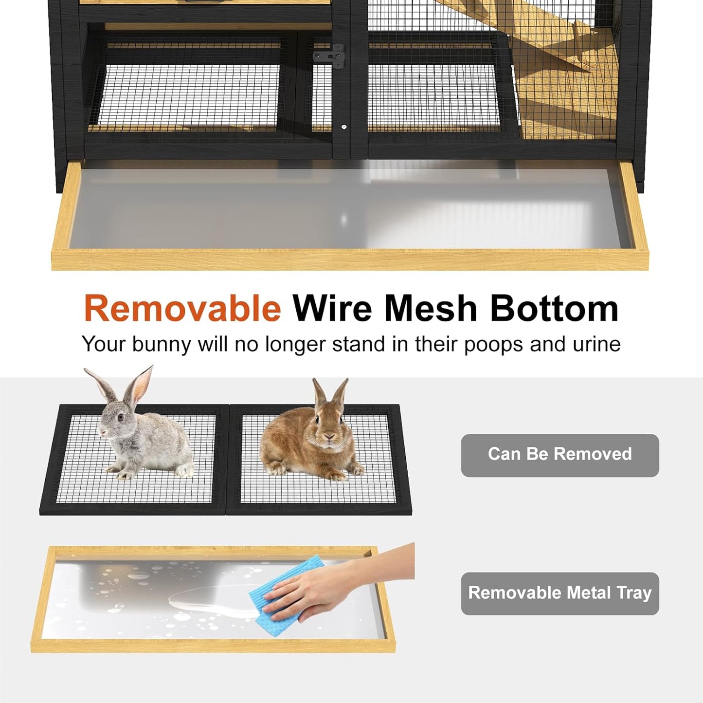 40'' Rabbit Cage Bunny Cage Indoor, Outdoor Rabbit Hutch for Small Animals, 2-Story Wooden Guinea Pig Cages with Wheels & 2 Deeper No Leak Trays, Waterproof Openable Roof & Bottom Wire Mesh