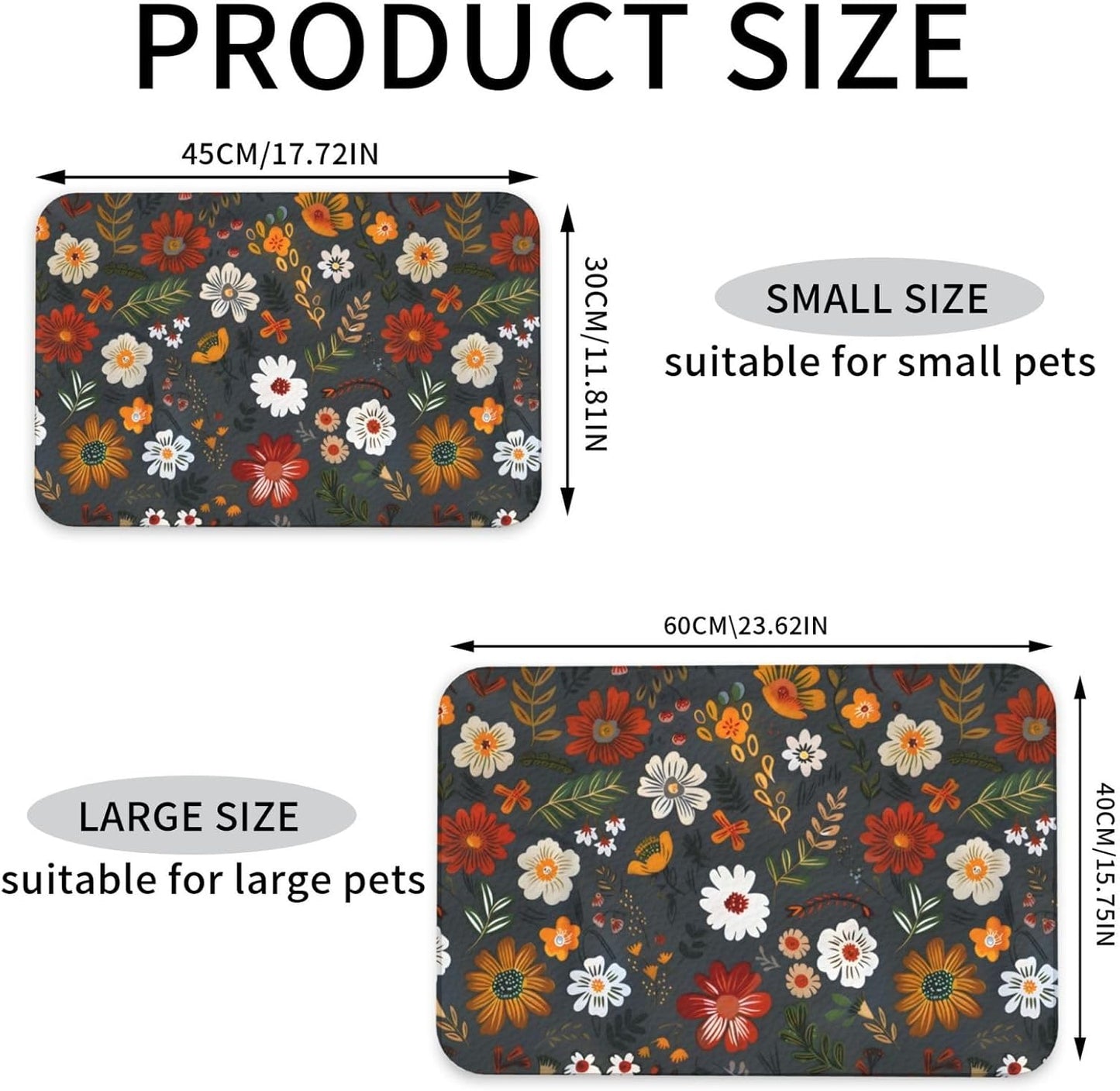 Flower Berries Dog Food Mat Absorbent Bowl Mats No Stains Quick Dry Waterproof Pet Cat Placemats for Food and Water, 30x45cm
