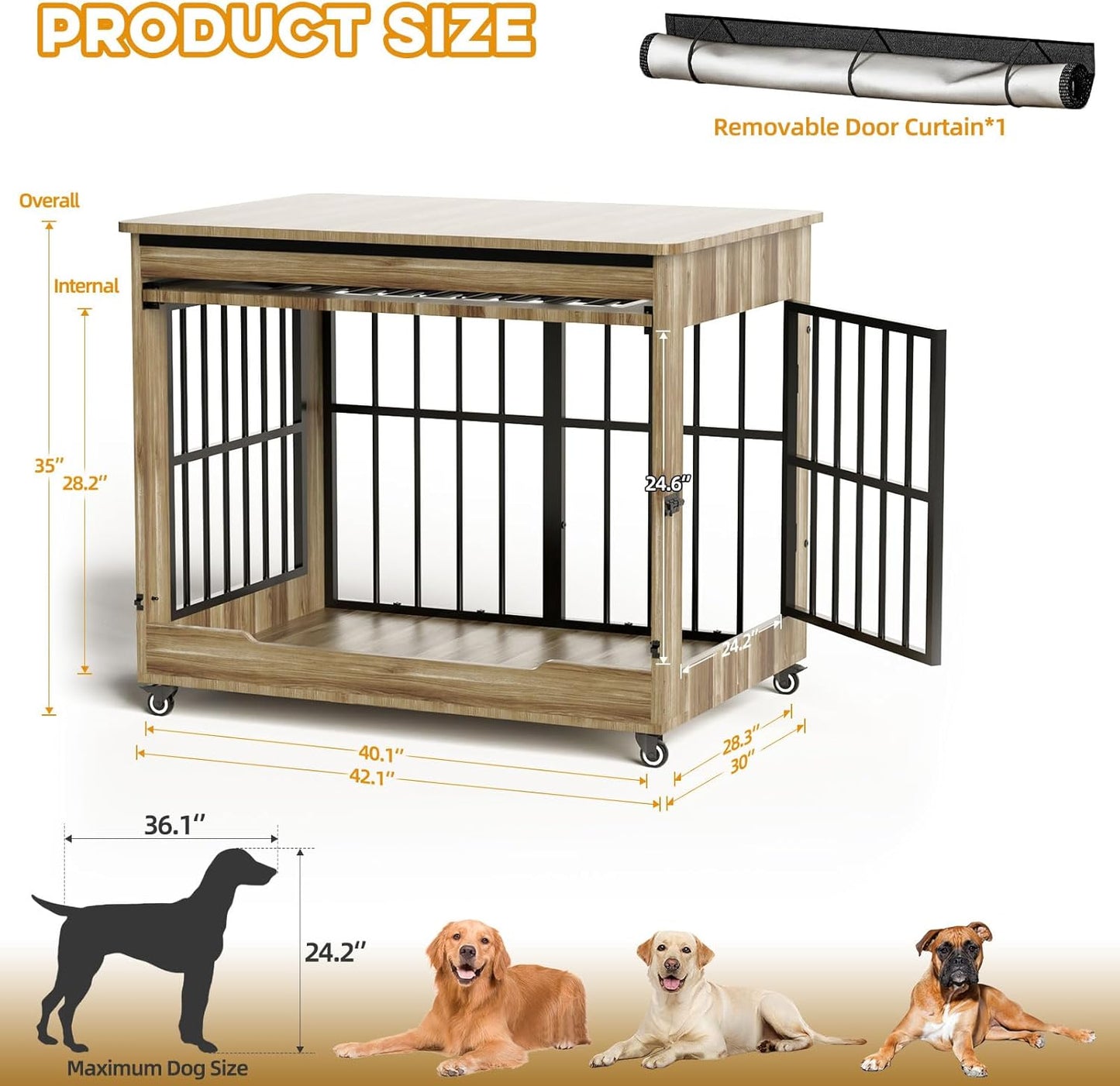 42" Large Dog Crate Furniture, Double Door Wooden Indoor Dog Kennel Furniture, Decorative Pet Cage End Table with Wheels for Large Breed Dogs, Size XL, Rustic Brown