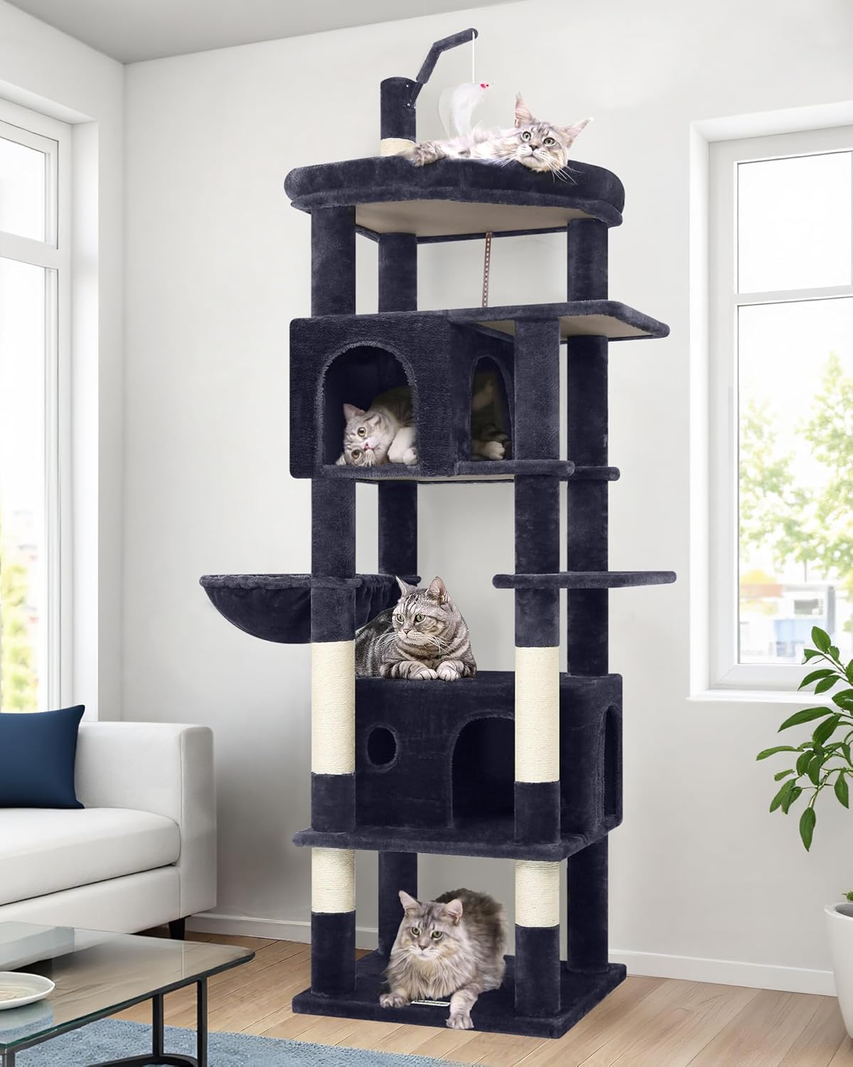 Globlazer Large Cat Tree Tower, Tall Cat Tree Condos for Indoor Cats Large Adult Cat Climbing Tower with 2 Spacious Caves, Oversized Top Perch, Big Hanging Basket, Cat Teaser Wand, F74B, Dark Grey