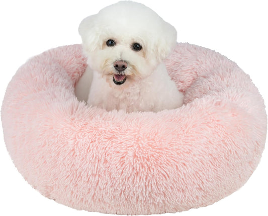 Best Pet Supplies Round Donut Dog Bed with Plush Faux Fur Fabric, Calming, Anti-Anxiety Cushion for Indoor Pets, Slip-Resistant Base, Soft Ergonomic Support - Pink, 20x20x6''