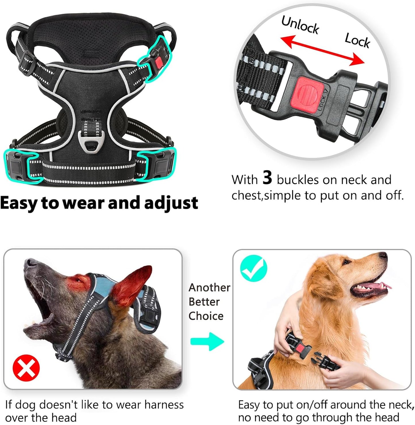 Timos Dog Harness, No-Pull Pet Harness with 2 Leash Clips, 3 Snap Buckles Adjustable Soft Padded Dog Vest, Reflective No-Choke Pet Oxford Vest with Easy Control Handle for Small Medium Large Dogs