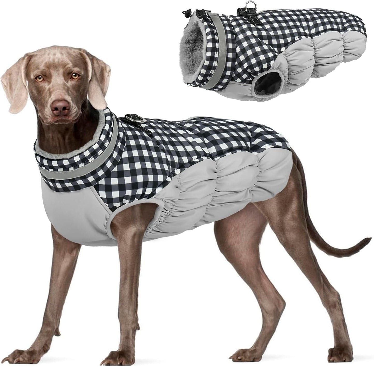 FUAMEY Dog Coat for Large Dogs,Waterproof Dog Winter Jacket with Harness Built in Puppy Cold Weather Coats Reflective Pet Vest with Zipper Warm Fleece Dogs Snowsuit Windproof Checkerboard 3XL