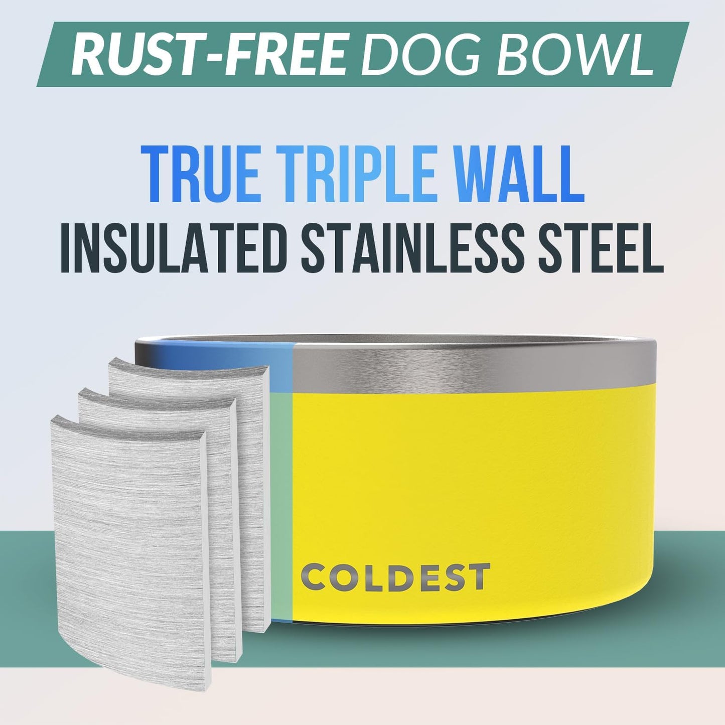 Coldest Dog Bowl - Anti Rust Metal, Non Slip, 3 Layers Insulated Stainless Steel Dog Bowls - Spill Proof & Heavy Duty - Water Bowl for Dogs, Cats & Pets, Dish Washer Safe (200 oz, Solar Yellow)