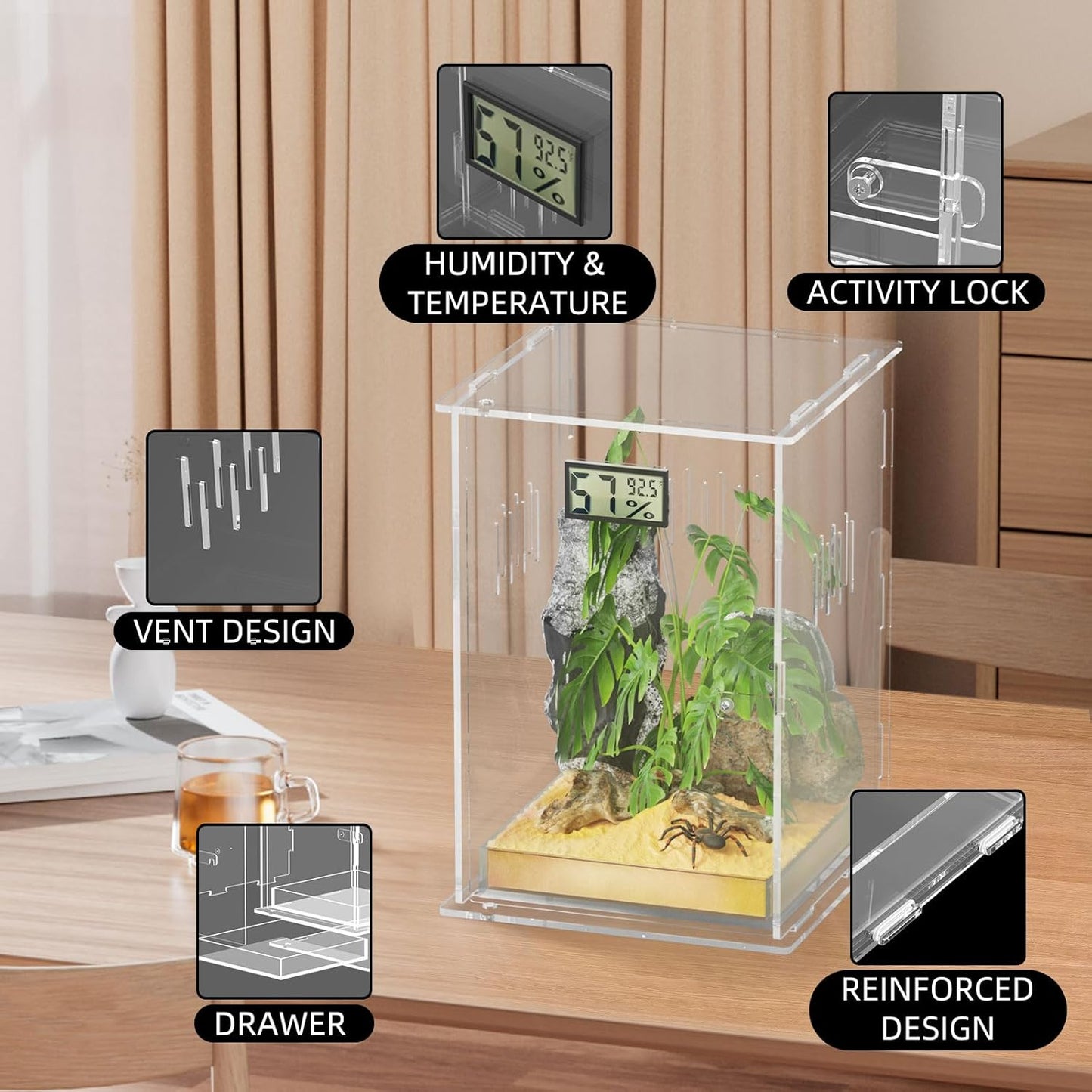 Reptile Terrariums, with Temperature Hygrometer, 7.1"x7.1"x11.8" Acrylic Reptiles Breeding Box Terrarium Cage Tank for Small Reptile Insect Home Office (Arboreal Large)