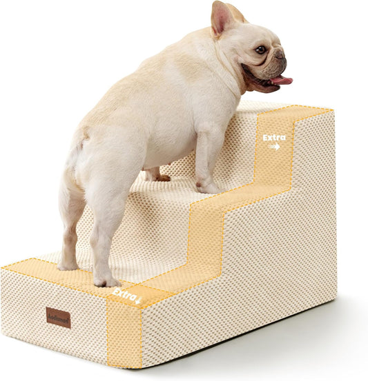 Dog Stairs for Small Dogs & Cats, 3-Step Extra Wide Non-Slip Pet Steps for Couch Sofa and Chair, Beige, 15.7" H