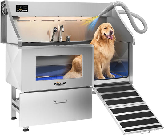 polimo Dog Wash Station with Pet Dryer & LED, Professional Dog Bathing Station for Large, Medium & Small Dogs – with Window, Ramp, Drawer, Floor Grate, LED Display & Faucet (Right RAMP & Dryer, 61")
