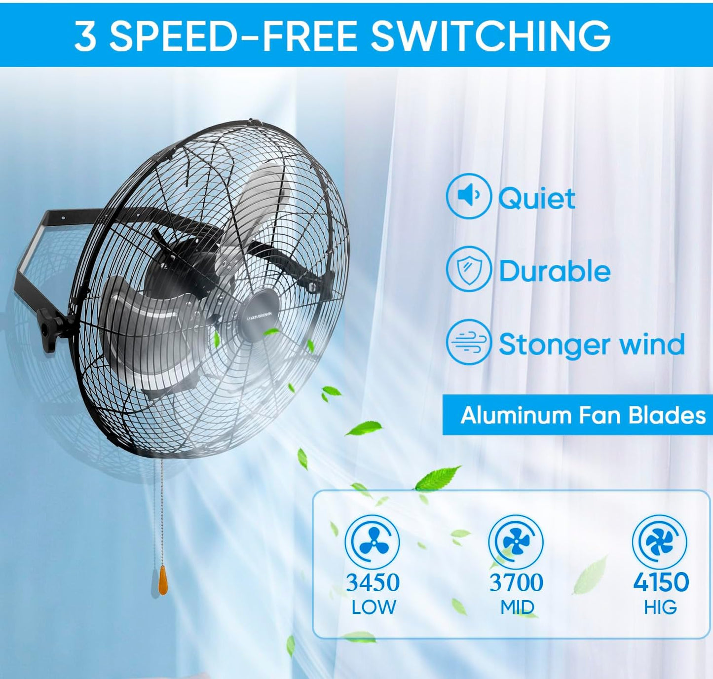 KEN BROWN 18 Inch Industrial Wall Mount Fan, 4300 CFM Metal Heavy Duty Fan, 3-Speeds High Velocity Oscillating Fans for Patios, Shop, Greenhouse, Garage, Commercial, Gazebo