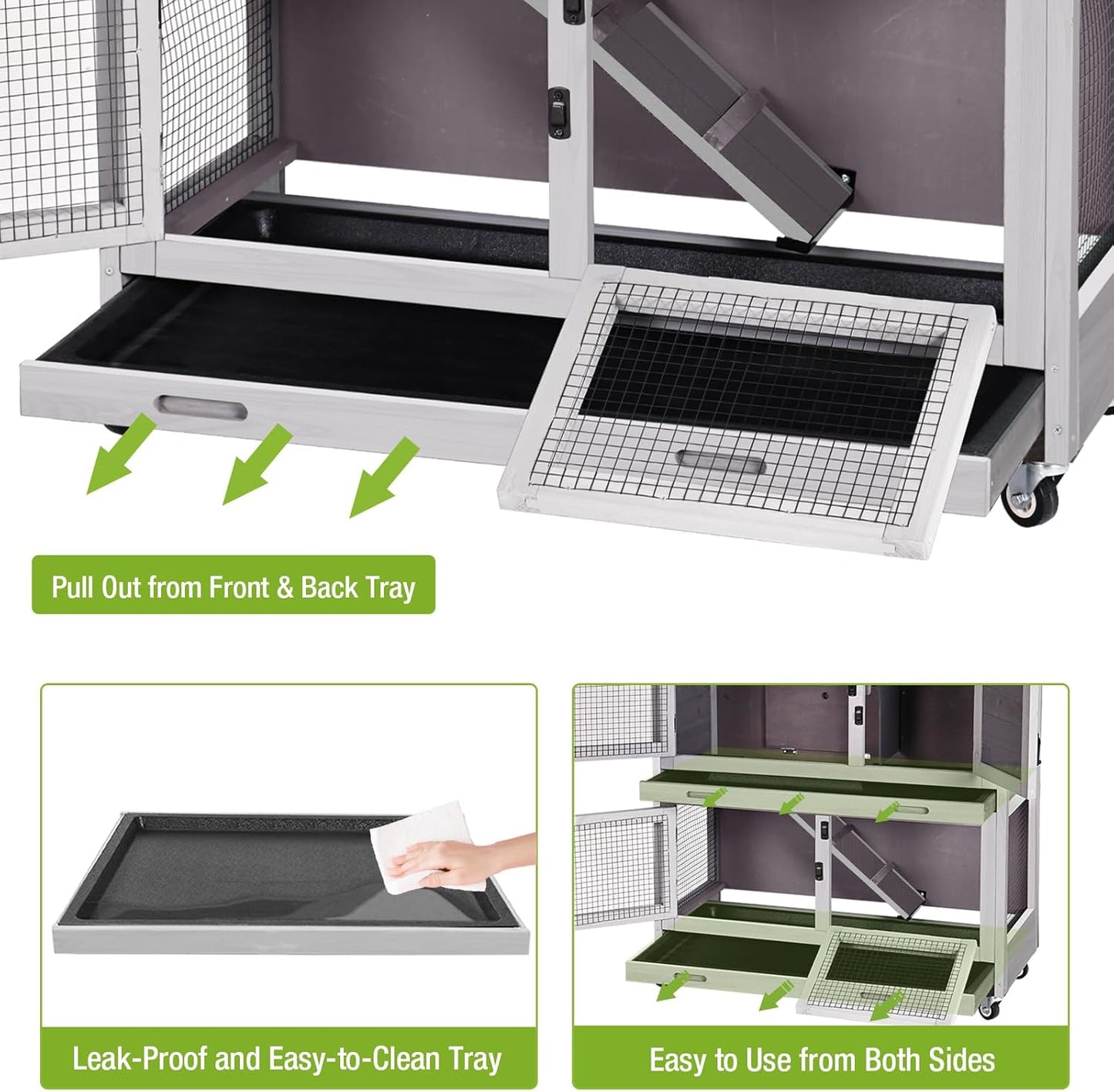 GUTINNEEN Rabbit Hutch Indoor with Chew-Proof Design, Wooden Bunny Cage Outdoor Guinea Pig Cages with Wheels, Leak-Proof Trays for Rabbits, Guinea Pigs, Small Animals